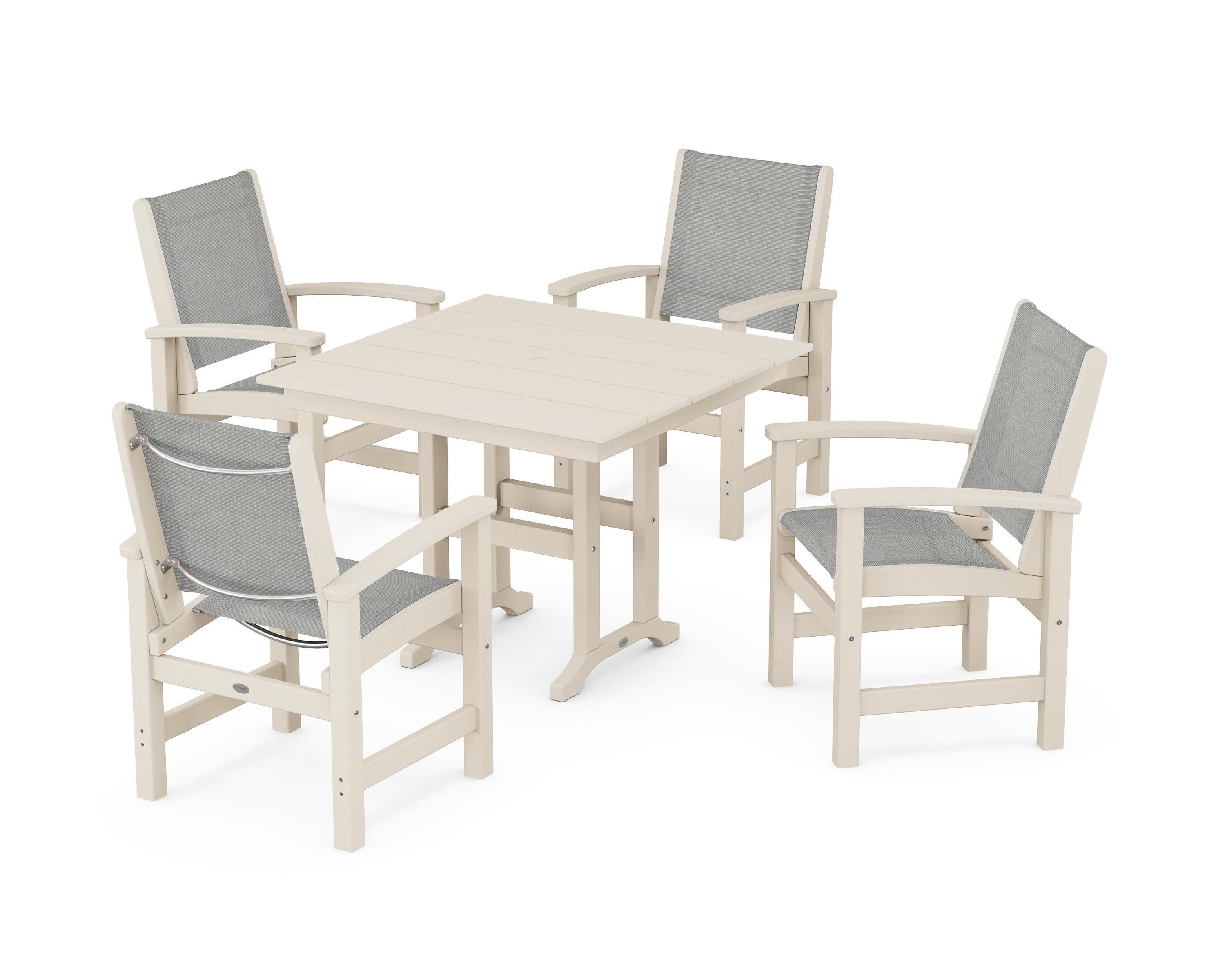 Coastal 5-Piece Farmhouse Dining Set in Sand / Metallic Sling
