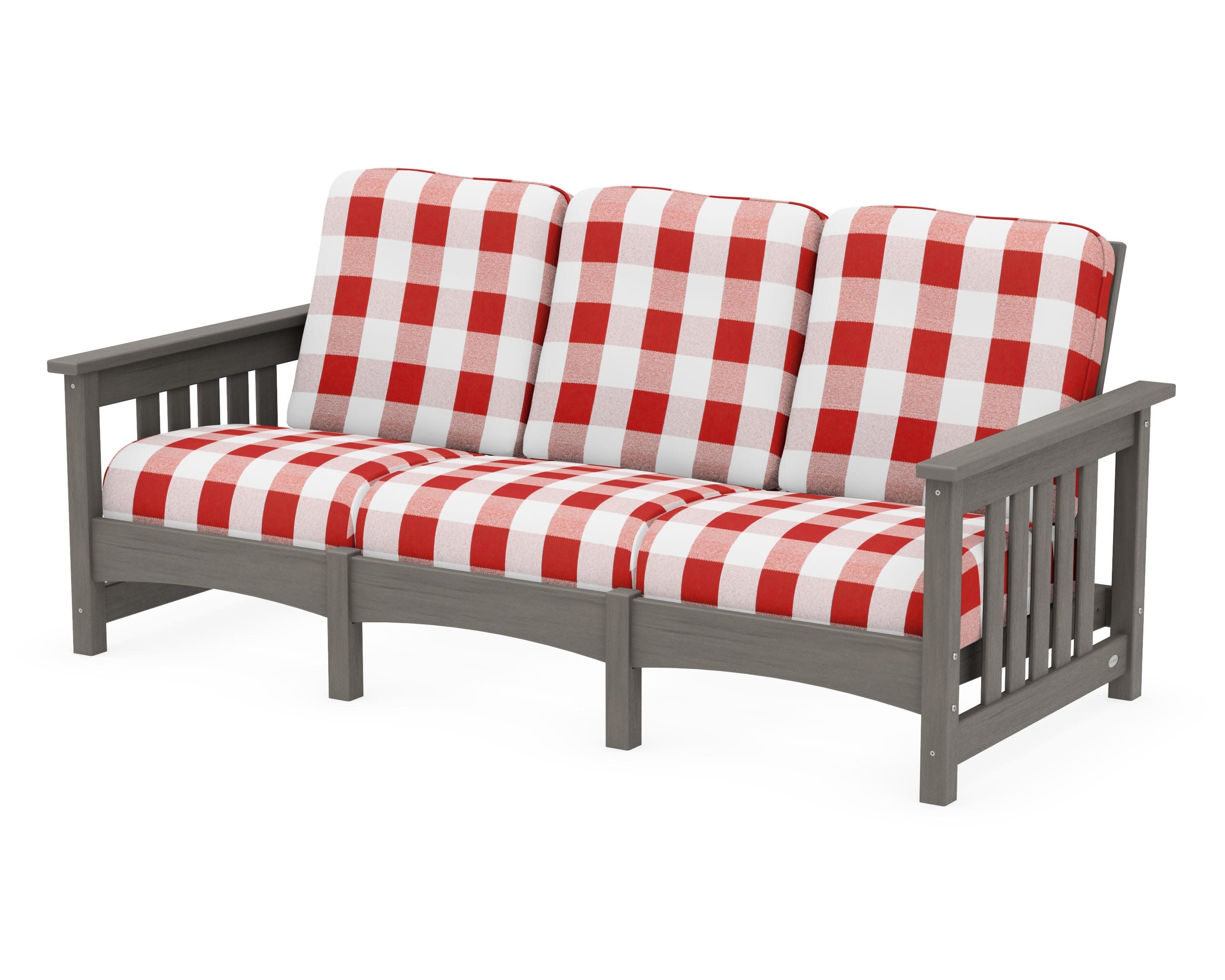 Club Mission Sofa in Driftwood / Buffalo Plaid Crimson