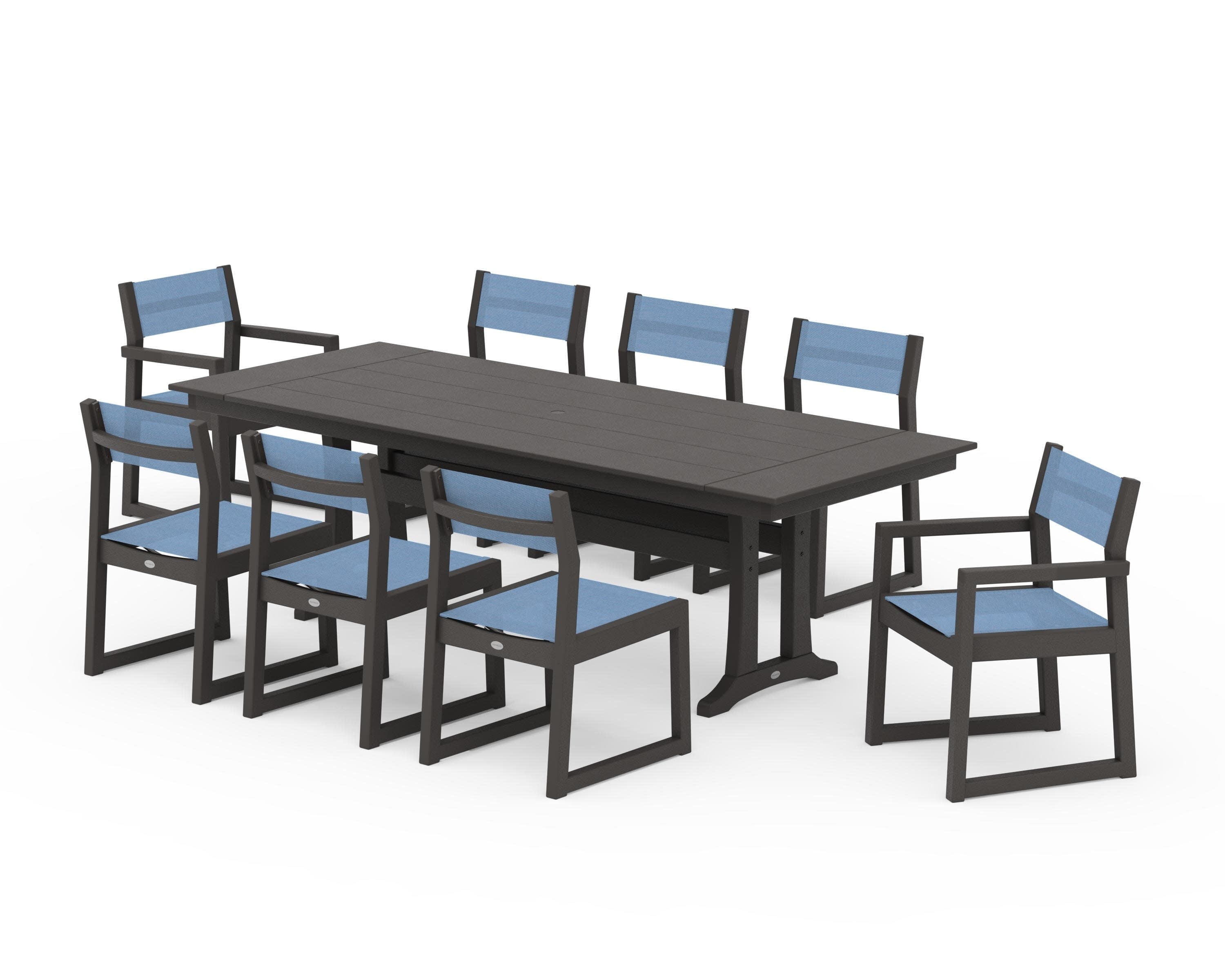 EDGE Sling 9-Piece Farmhouse Trestle Dining Set in Vintage Coffee / Poolside Sling
