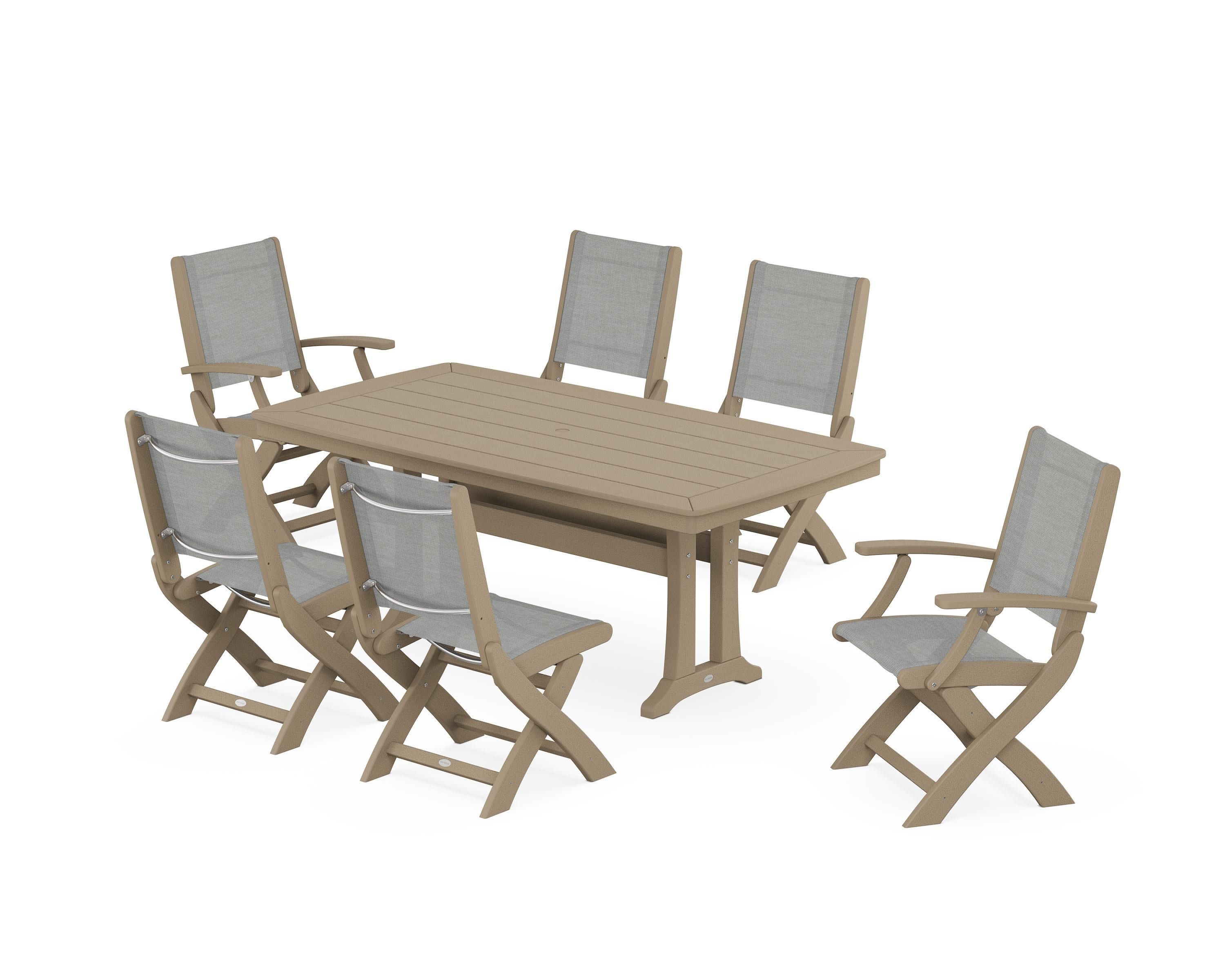 Coastal Folding Chair 7-Piece Dining Set with Trestle Legs in Vintage Sahara / Metallic Sling