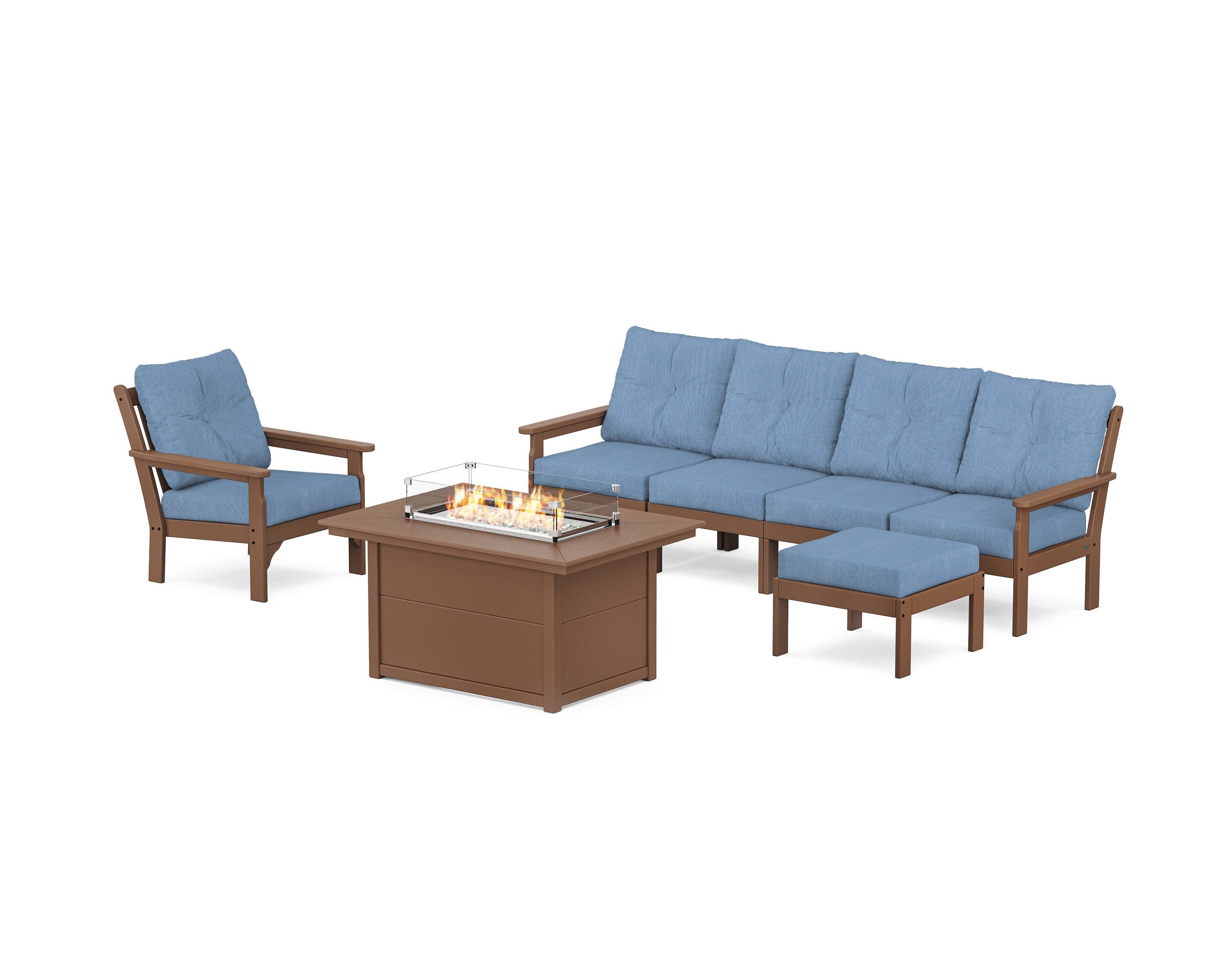 Vineyard Sectional Lounge and Fire Pit Set in Teak / Sky Blue