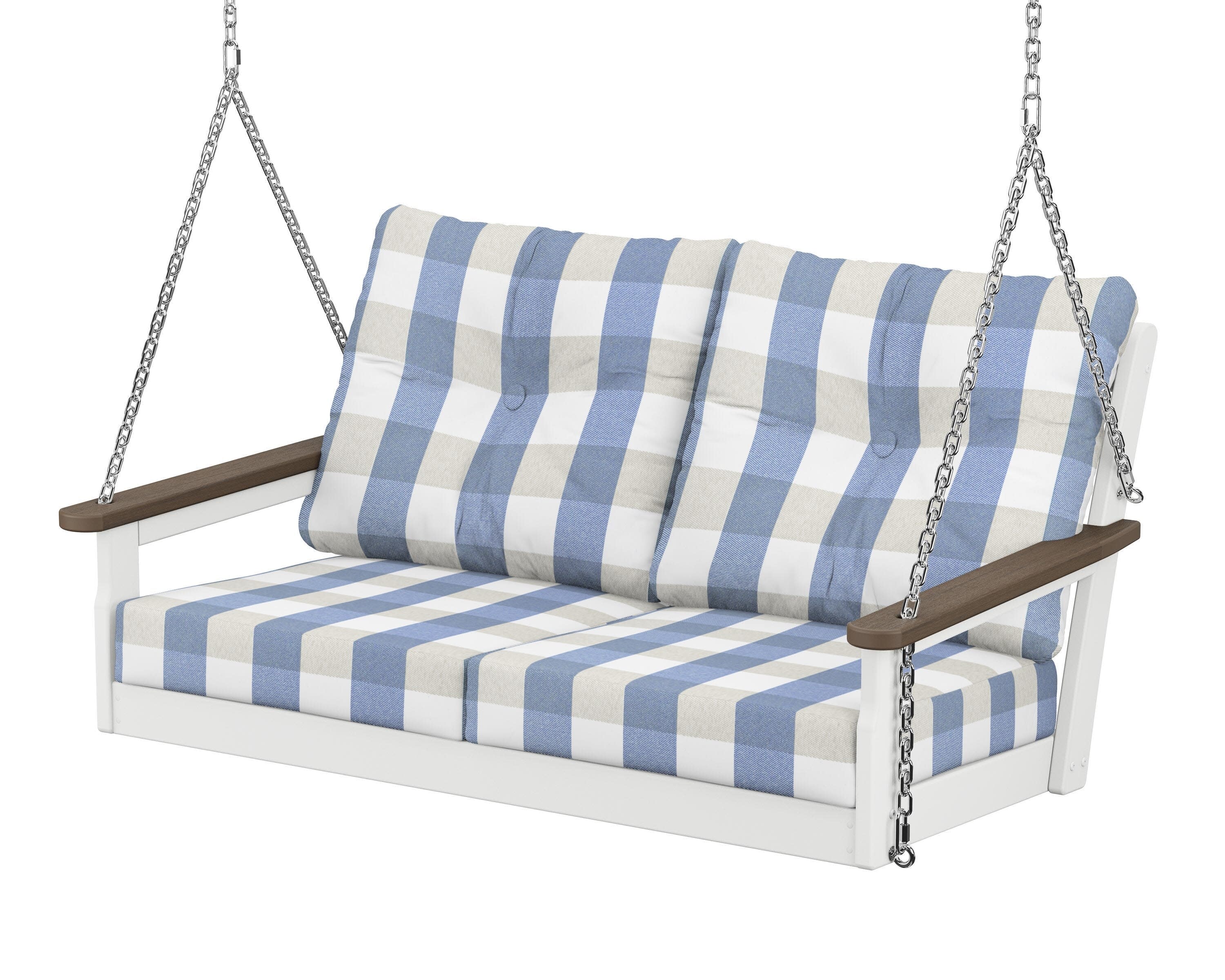 Vineyard Deep Seating Swing in White / Kona / Buffalo Plaid Sky Blue