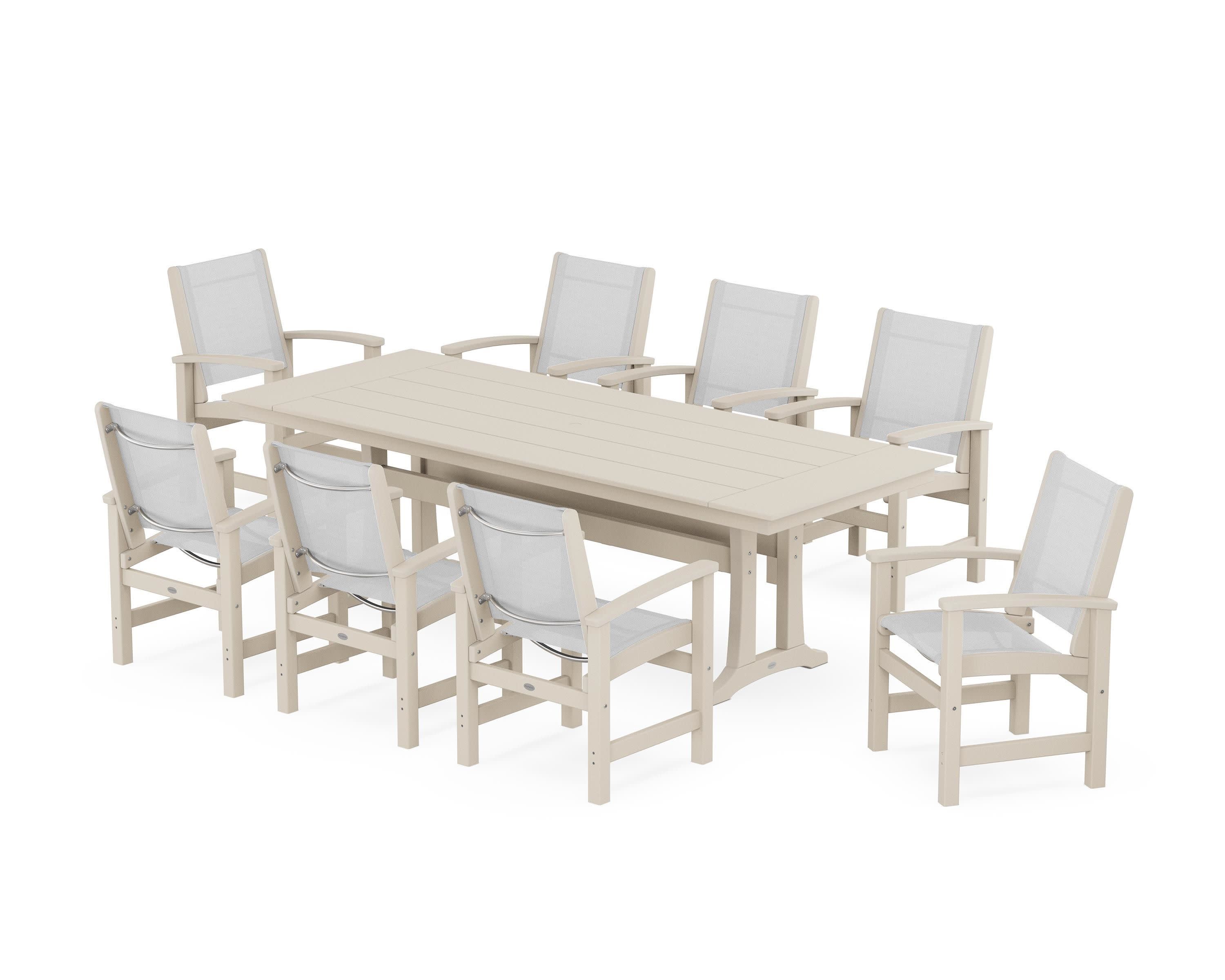 Coastal 9-Piece Farmhouse Dining Set with Trestle Legs in Sand / White Sling