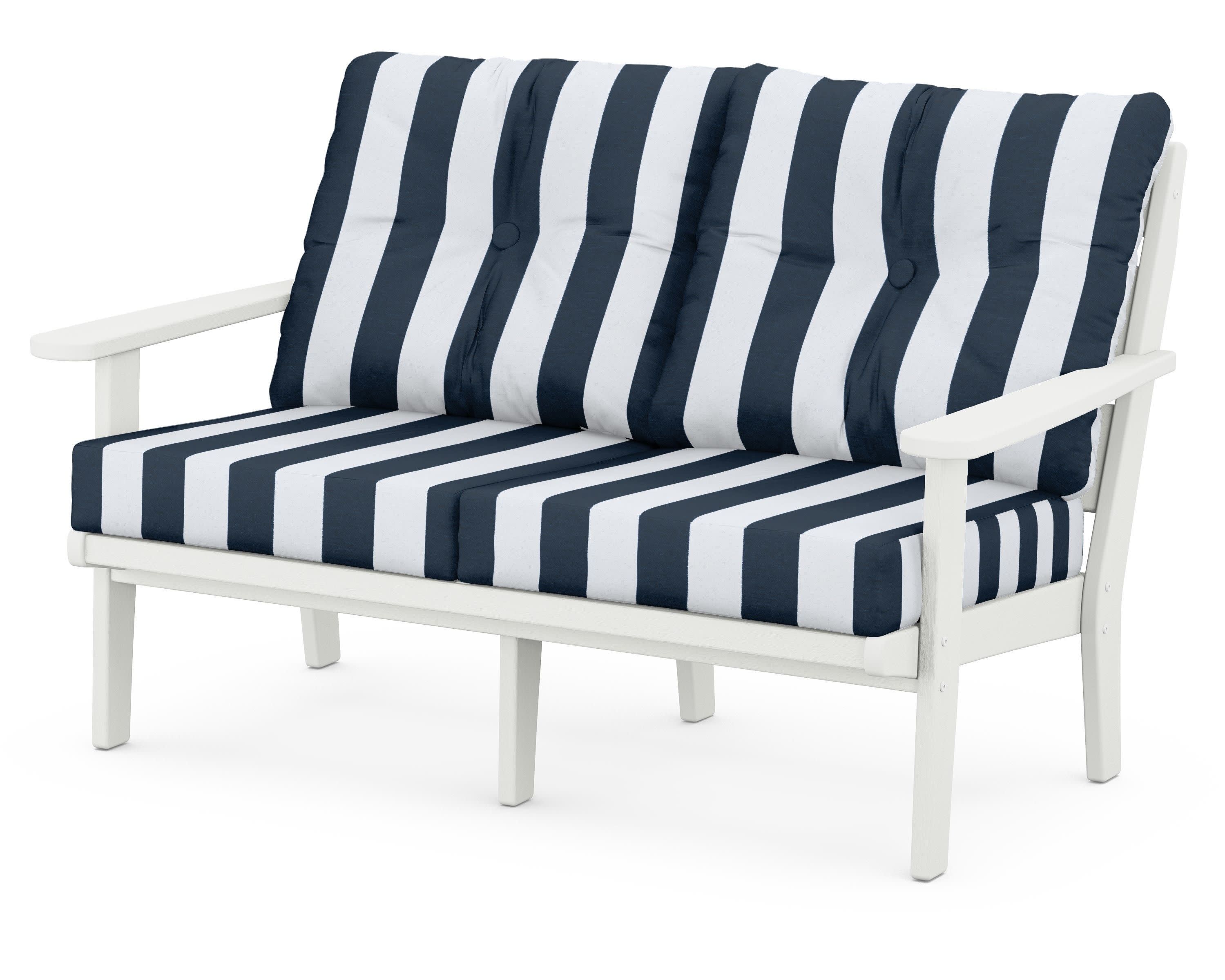 Lakeside Deep Seating Loveseat in Vintage White / Cabana Stripe Marine Indigo