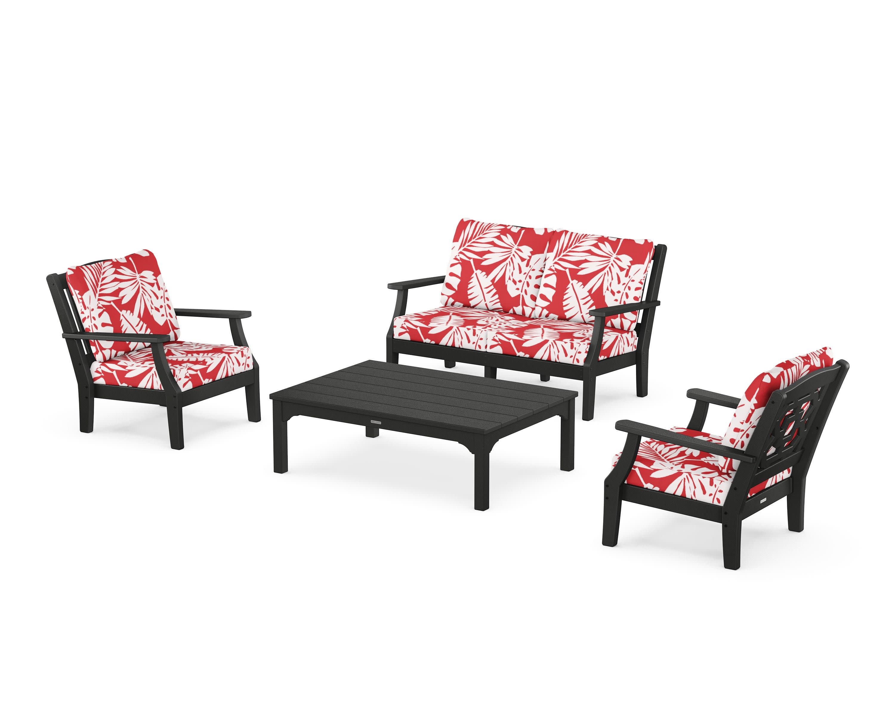 Chinoiserie 4-Piece Deep Seating Set with Loveseat in Black / Leaf Crimson