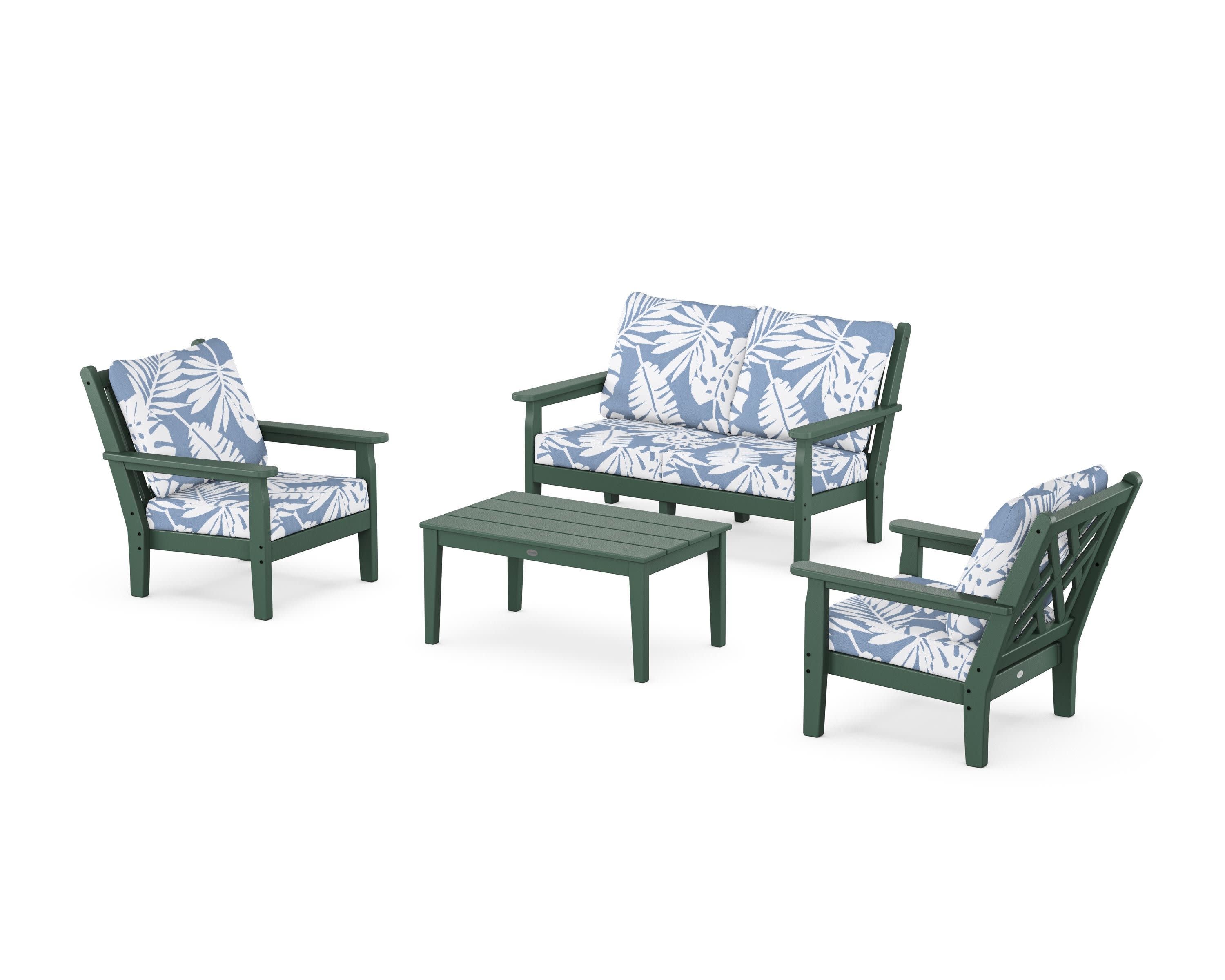 Chippendale 4-Piece Deep Seating Set with Loveseat in Green / Leaf Sky Blue