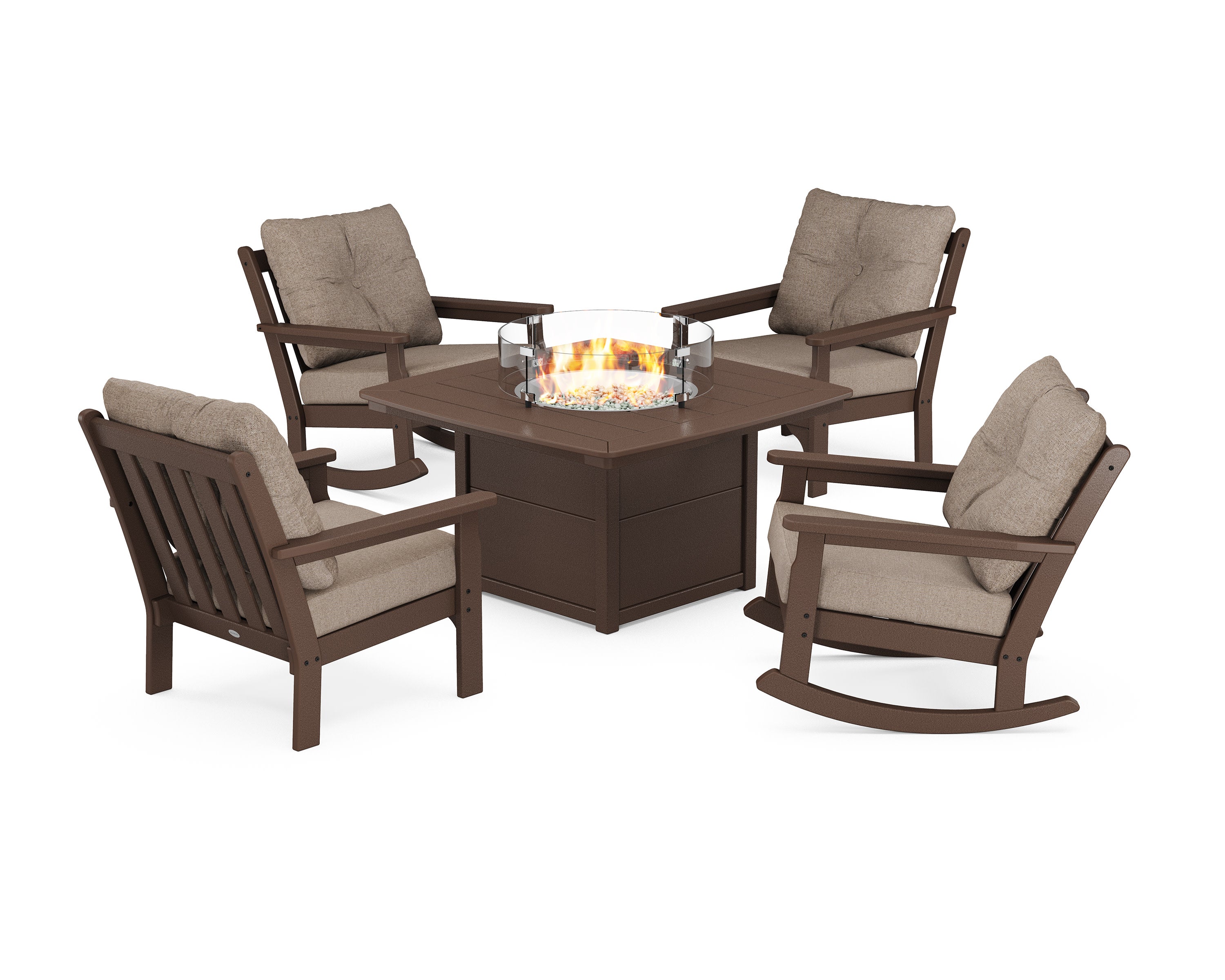 Vineyard 5-Piece Deep Seating Rocking Chair Conversation Set with Fire Pit Table in Mahogany / Spiced Burlap