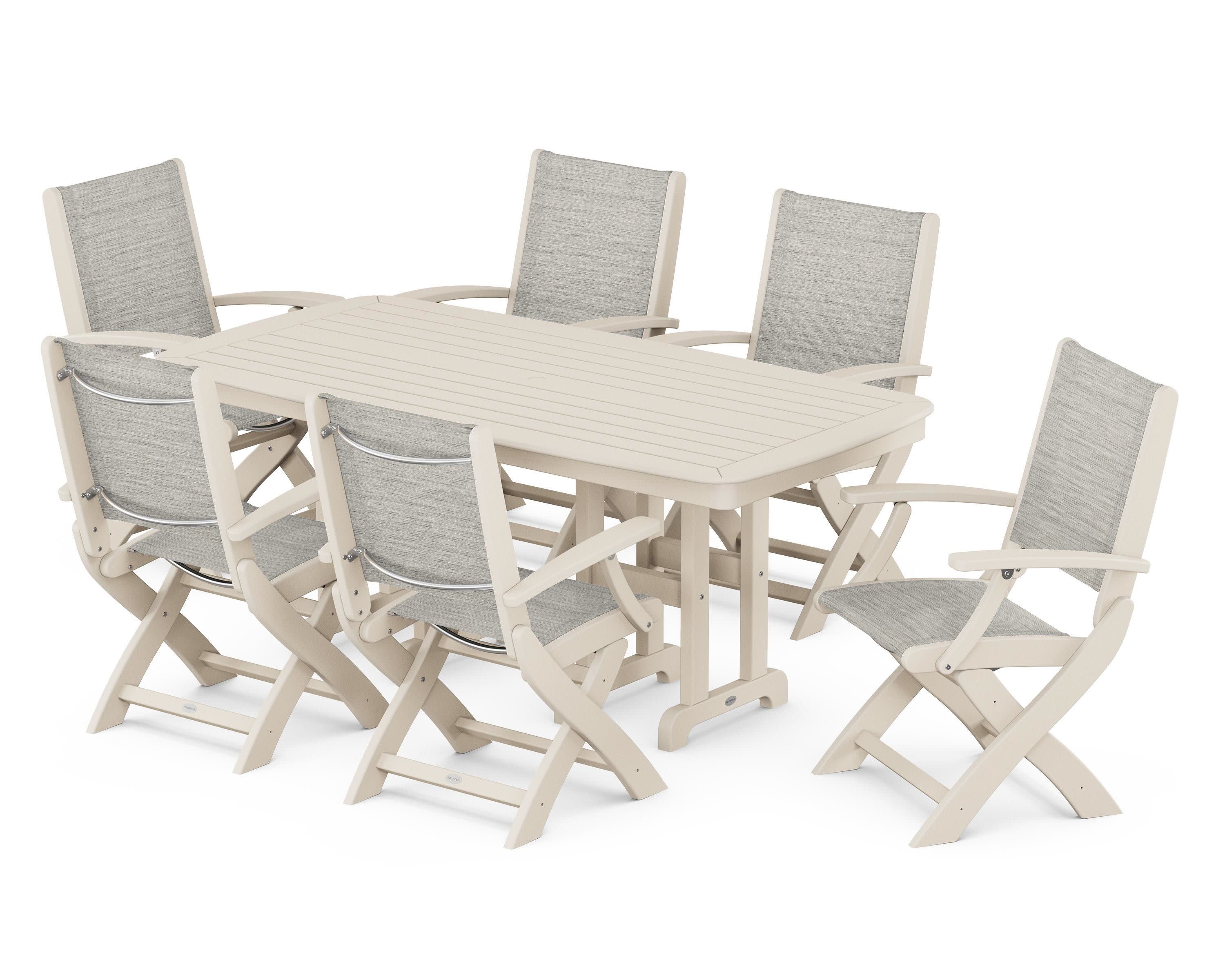 Coastal Folding Arm Chair 7-Piece Dining Set in Sand / Birch Sling