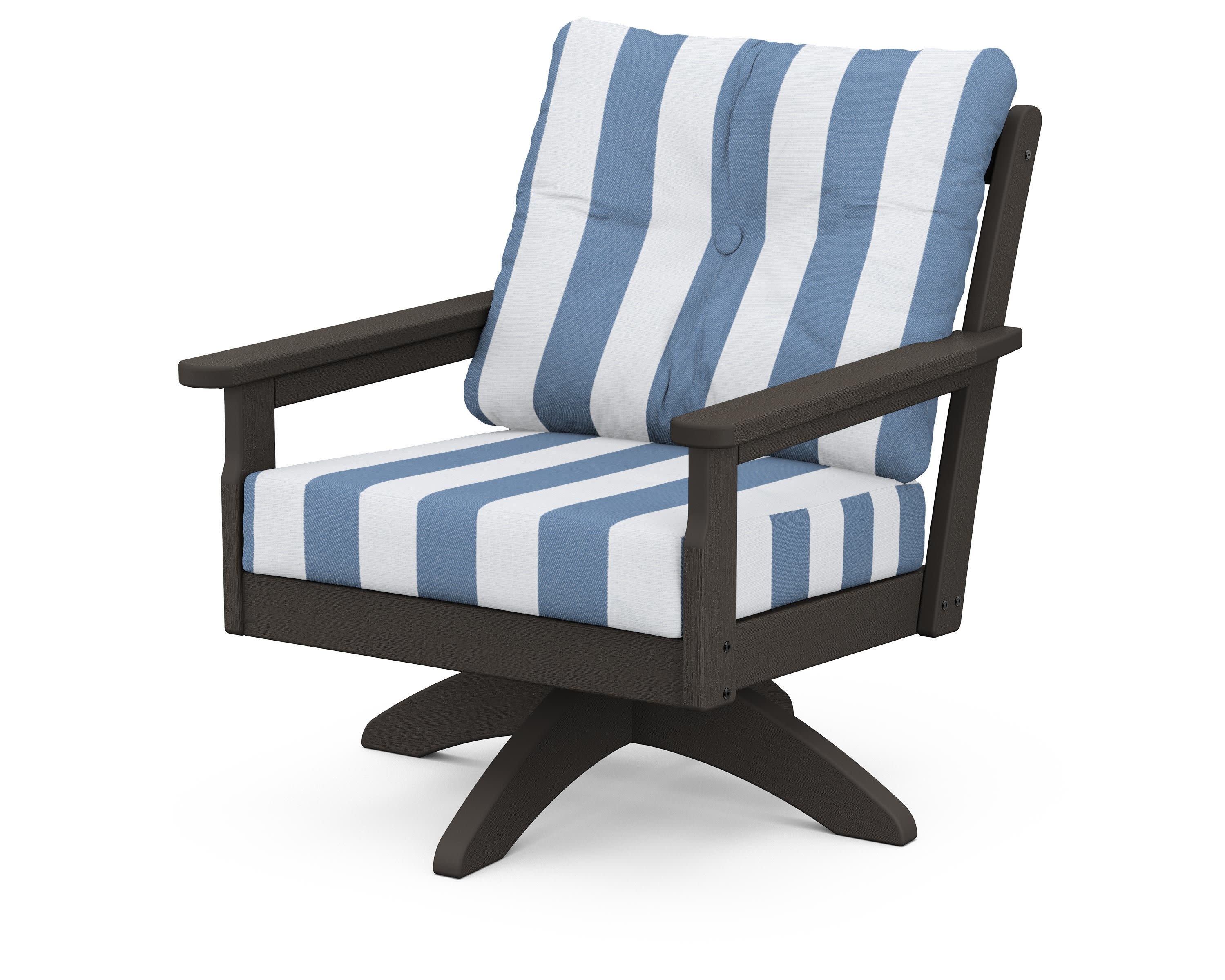 Vineyard Deep Seating Swivel Chair in Vintage Coffee / Cabana Stripe Sky Blue