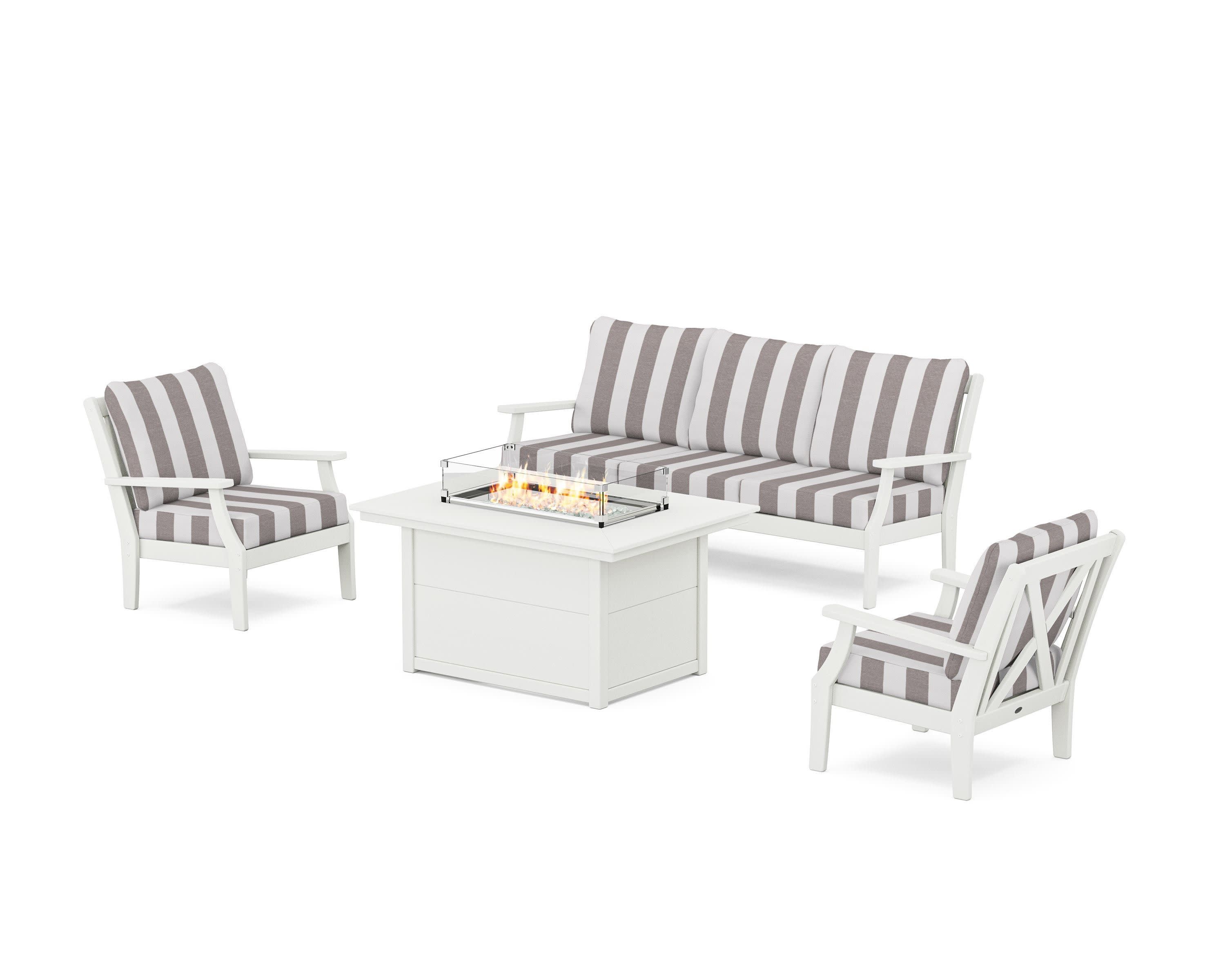 Braxton Deep Seating Fire Pit Table Set in Vintage White / Cabana Stripe Grey Mist