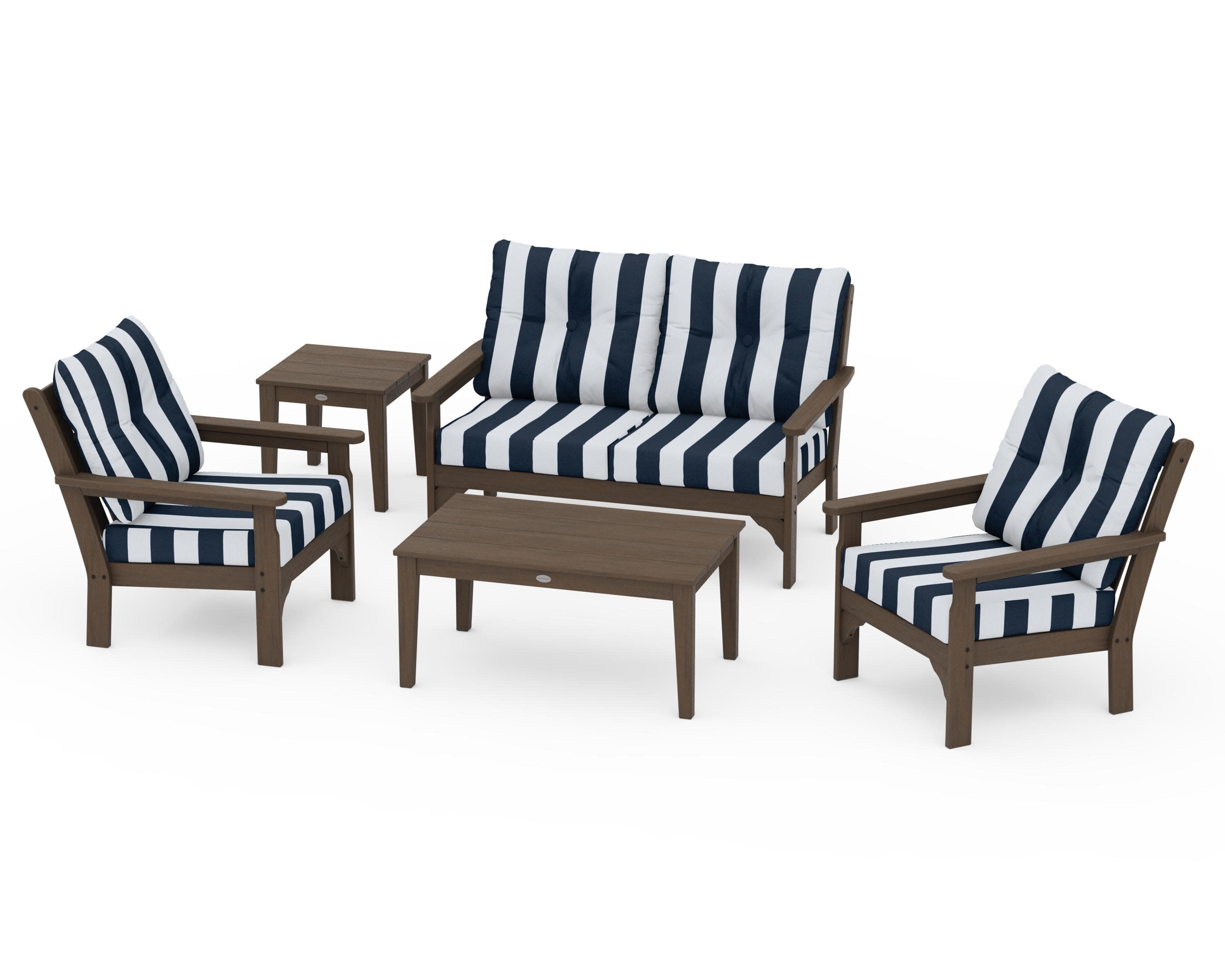 Vineyard 5-Piece Deep Seating Set in Kona / Cabana Stripe Marine Indigo