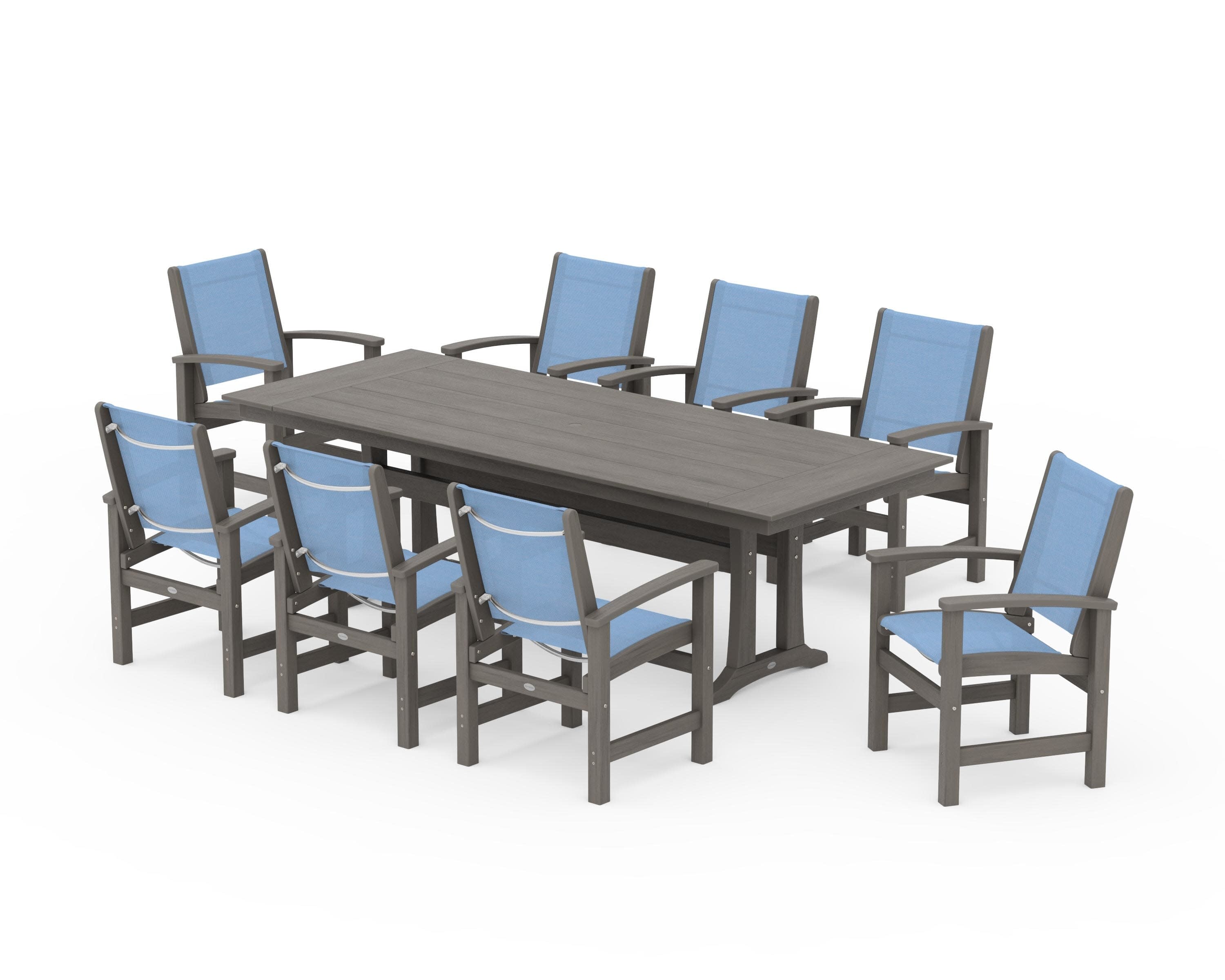 Coastal 9-Piece Farmhouse Dining Set with Trestle Legs in Driftwood / Poolside Sling