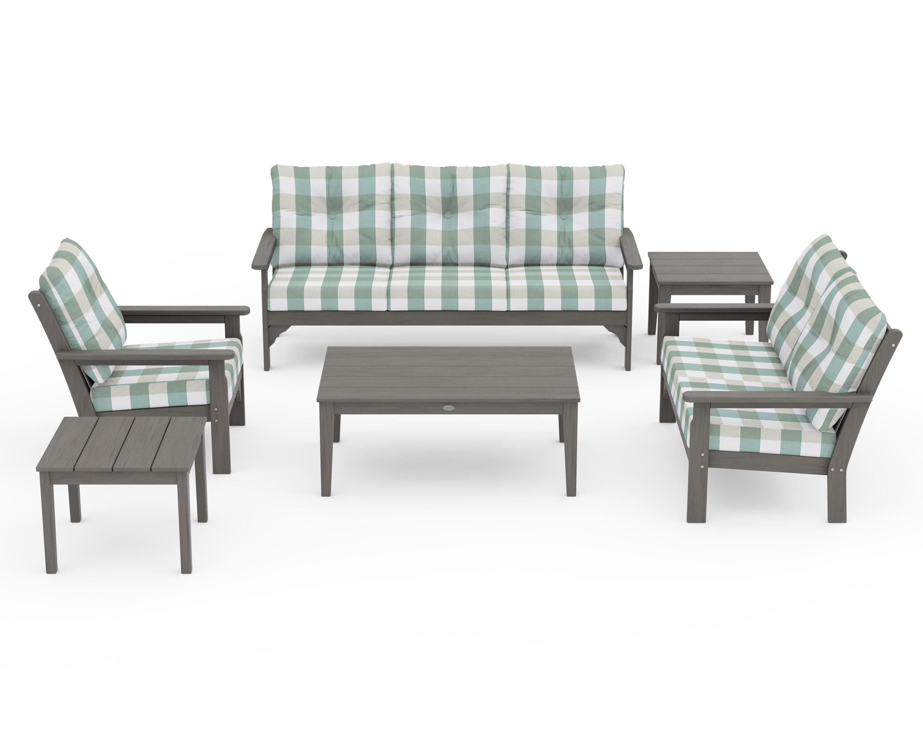 Vineyard 6-Piece Deep Seating Set in Driftwood / Buffalo Plaid Glacier Spa