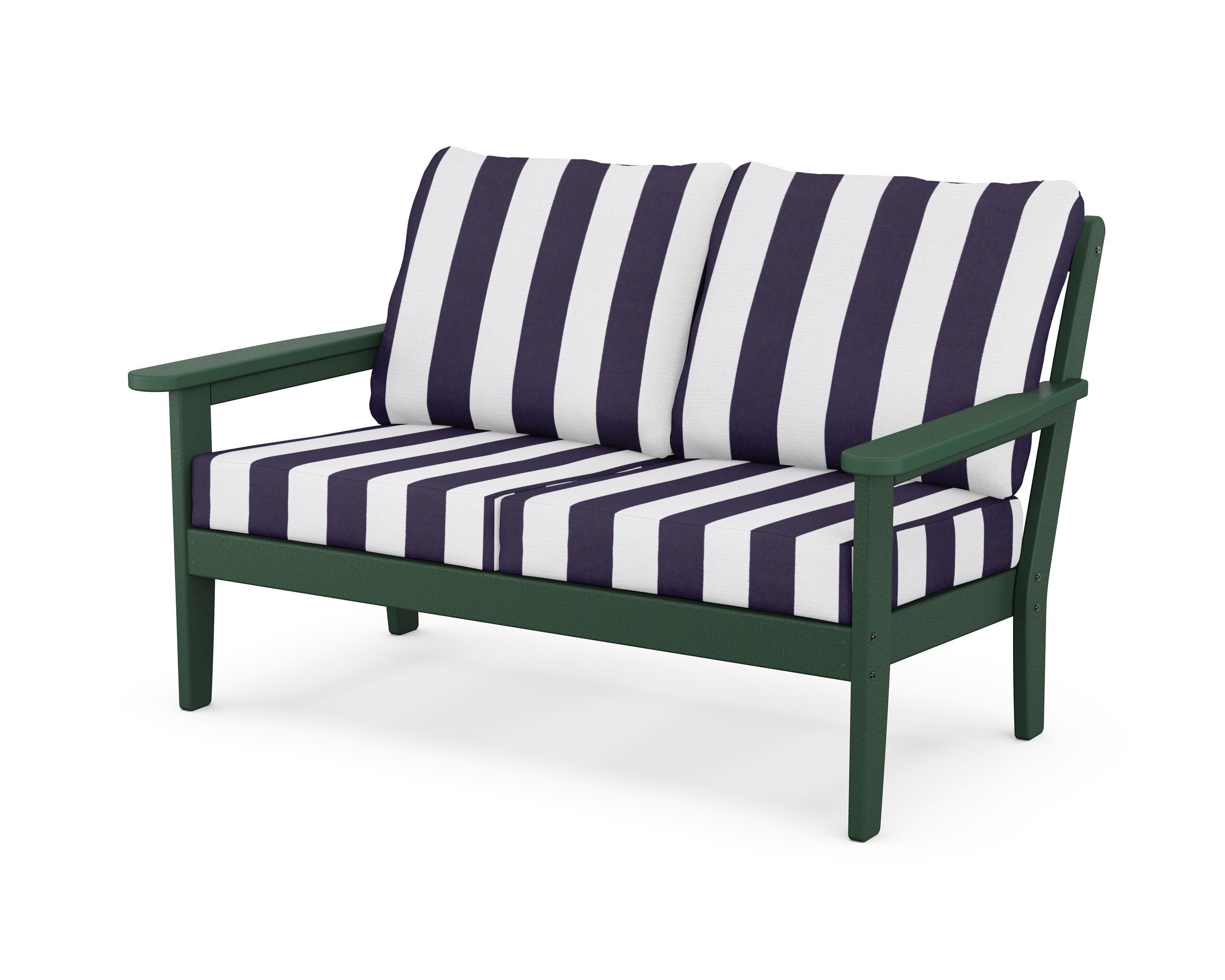 Cottage Deep Seating Loveseat in Green / Cabana Stripe Navy