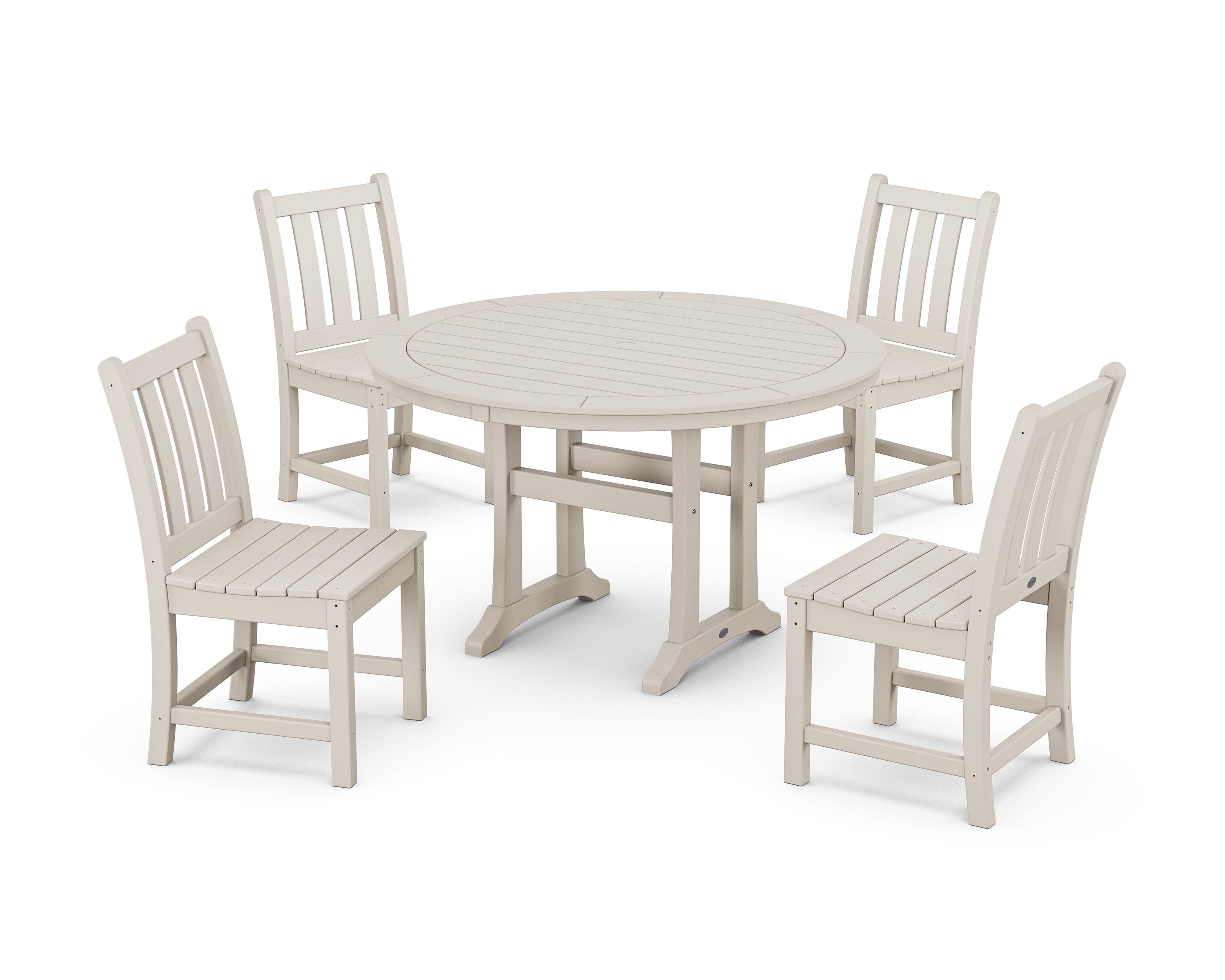 Traditional Garden Side Chair 5-Piece Round Dining Set With Trestle Legs in Sand