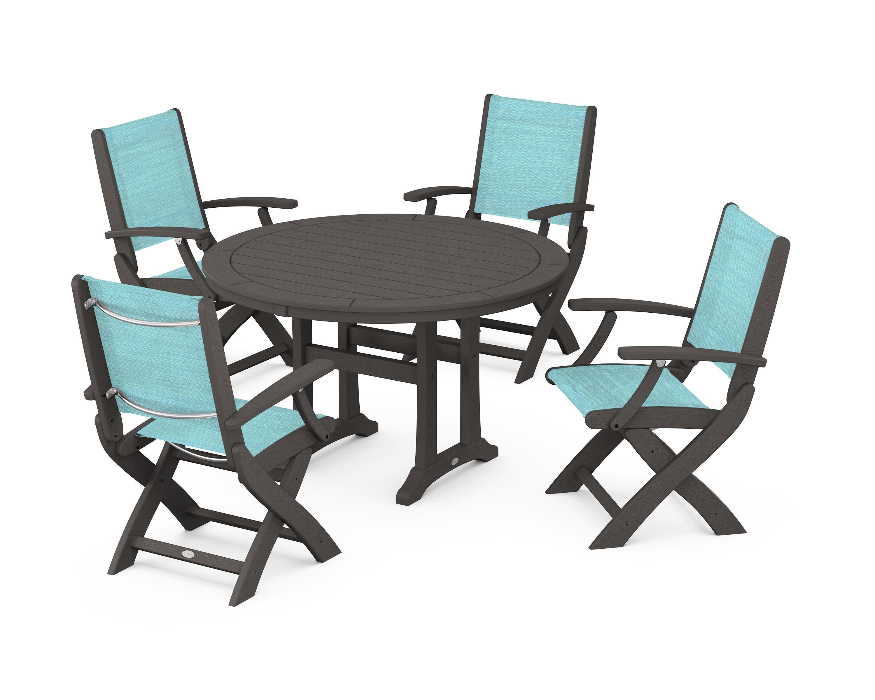 Coastal Folding Chair 5-Piece Round Dining Set with Trestle Legs in Vintage Coffee / Dupioni Aquamarine Sling