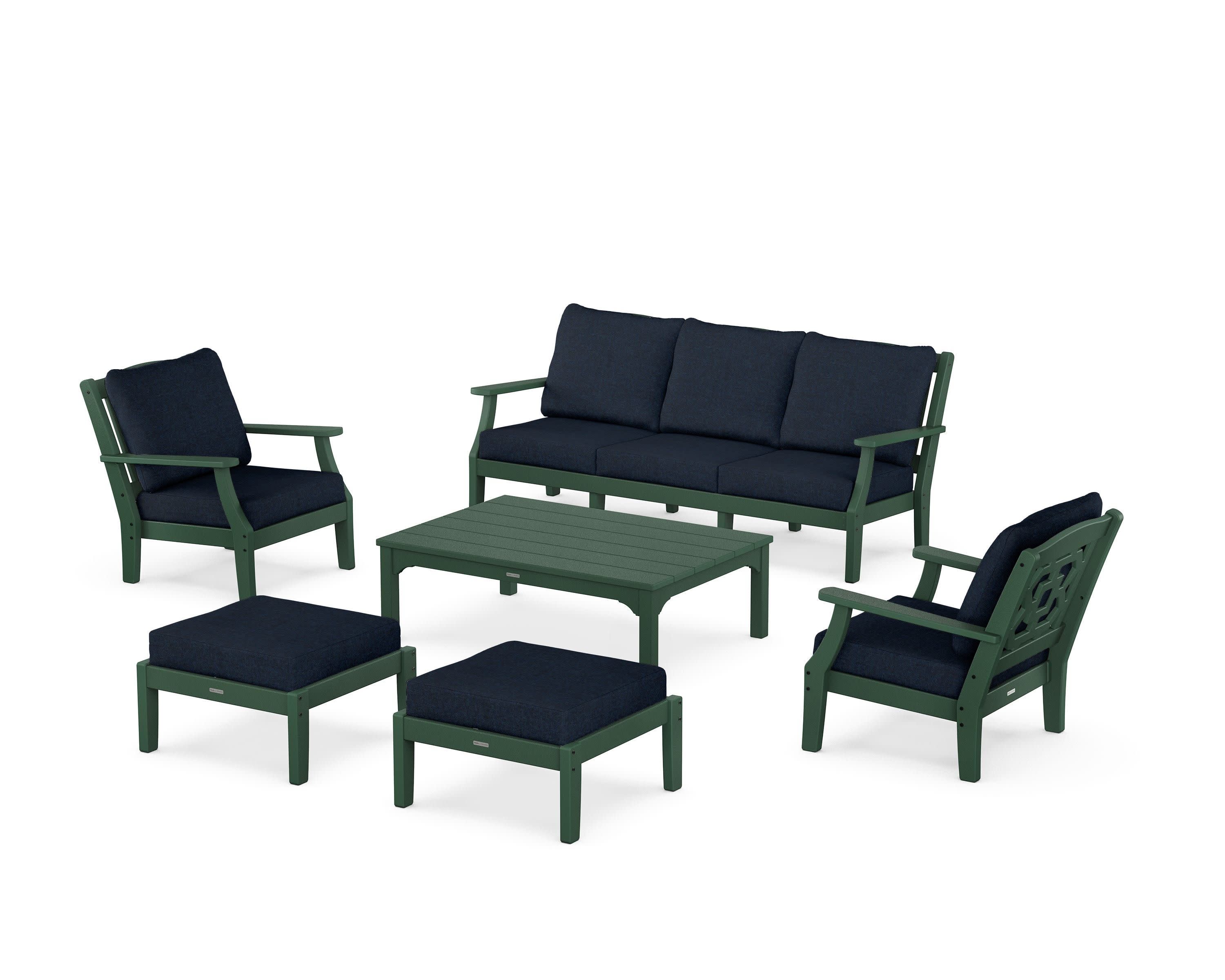 Chinoiserie 6-Piece Lounge Sofa Set in Green / Marine Indigo