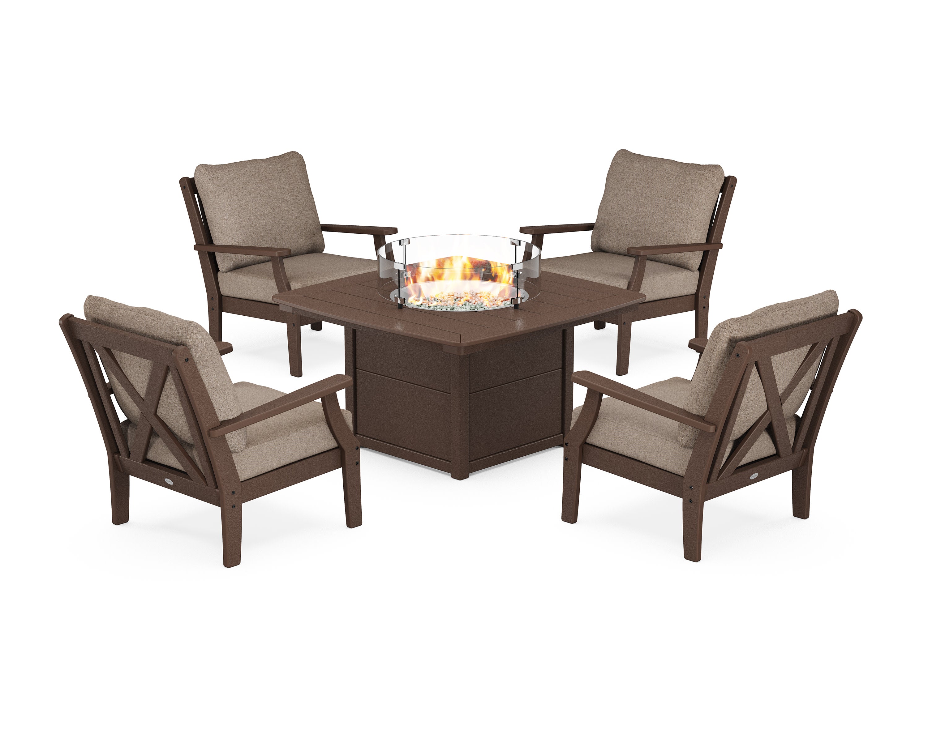 Braxton 5-Piece Deep Seating Conversation Set with Fire Pit Table in Mahogany / Spiced Burlap