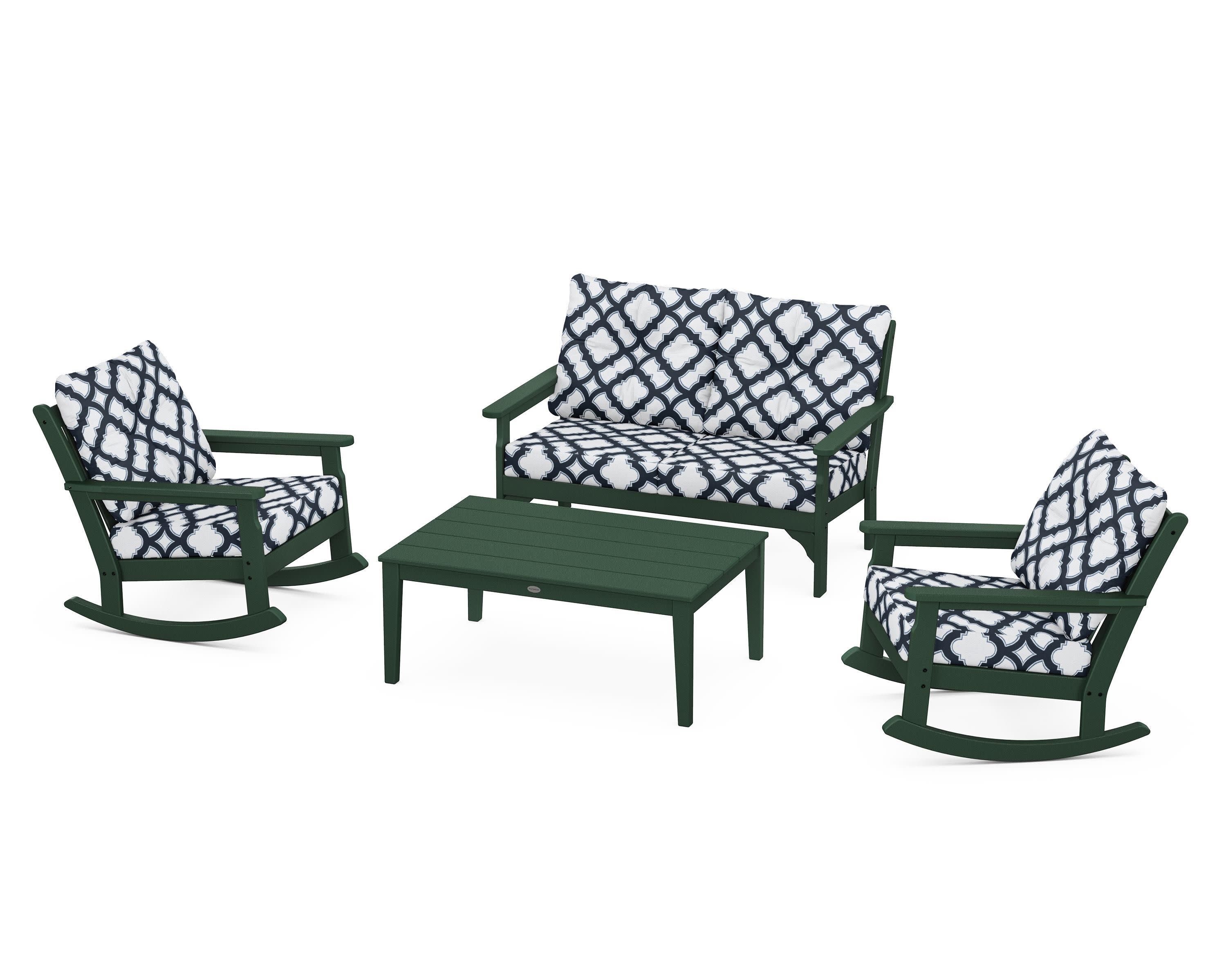 Vineyard 4-Piece Deep Seating Rocking Chair Set in Green / Trellis Marine Indigo