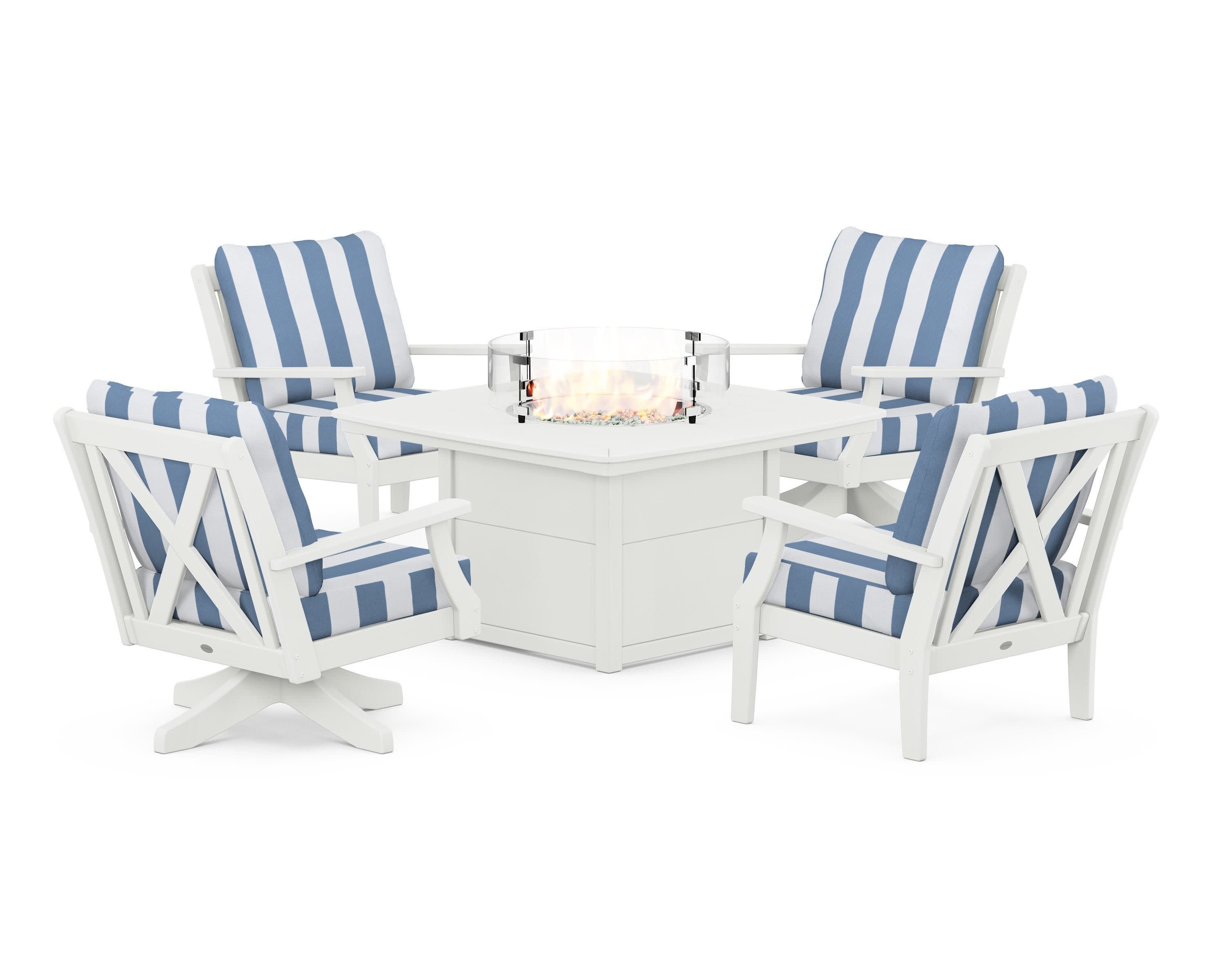 Braxton 5-Piece Deep Seating Set with Fire Table in Vintage White / Cabana Stripe Sky Blue