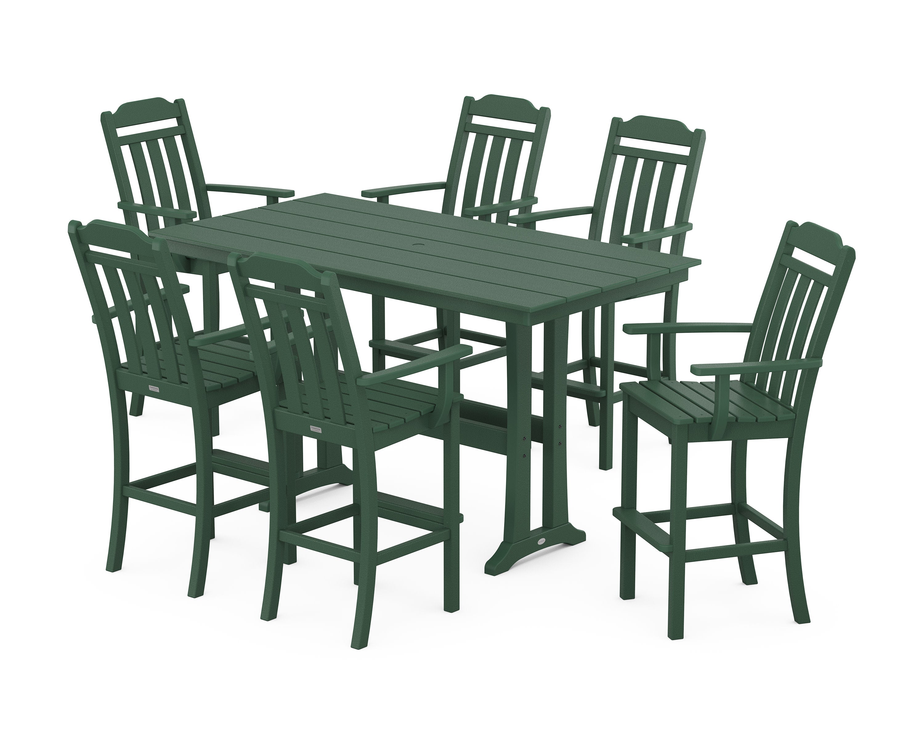 Cottage Arm Chair 7-Piece Farmhouse Bar Set with Trestle Legs in Green
