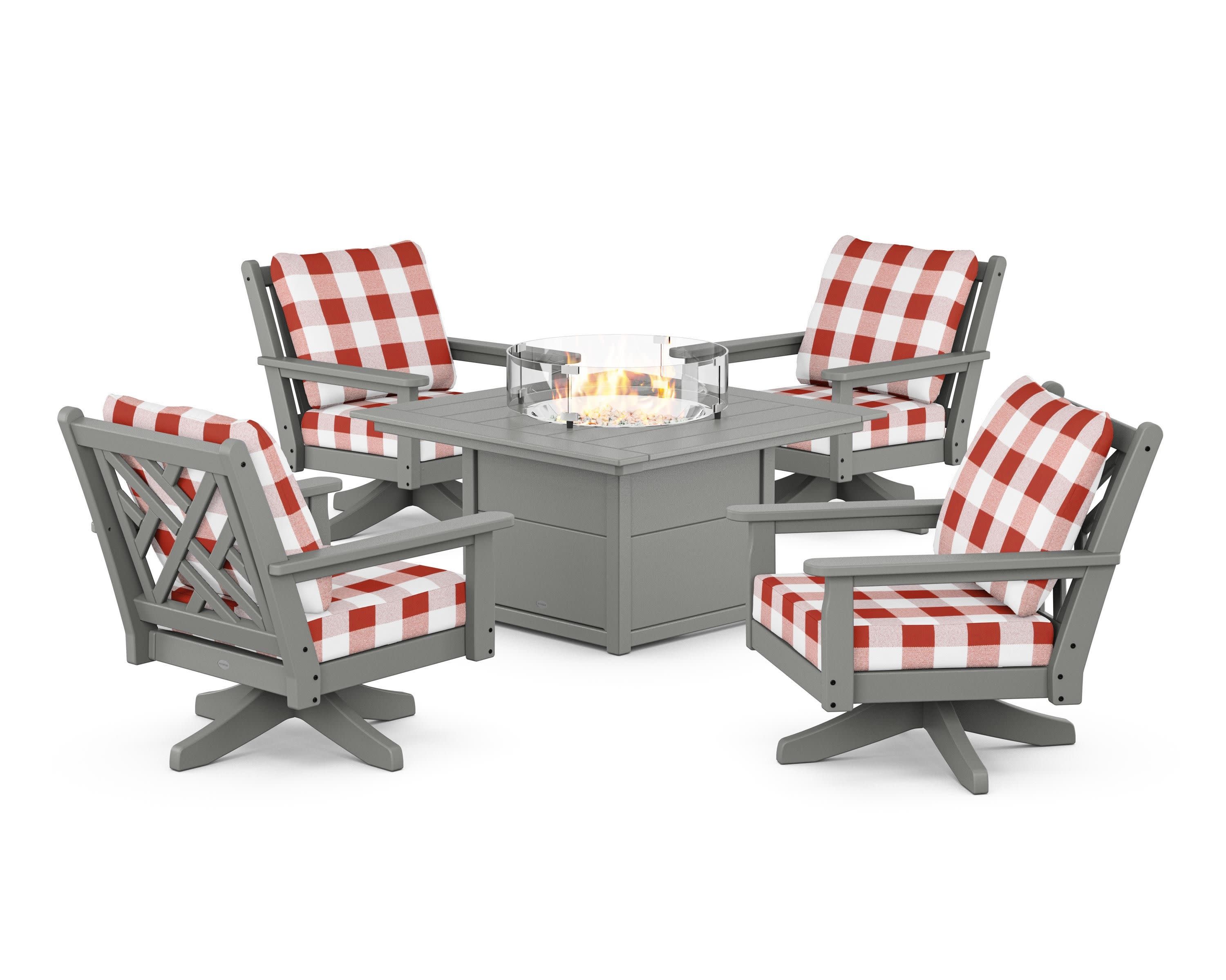 Chippendale 5-Piece Deep Seating Swivel Conversation Set with Fire Pit Table in Slate Grey / Buffalo Plaid Crimson