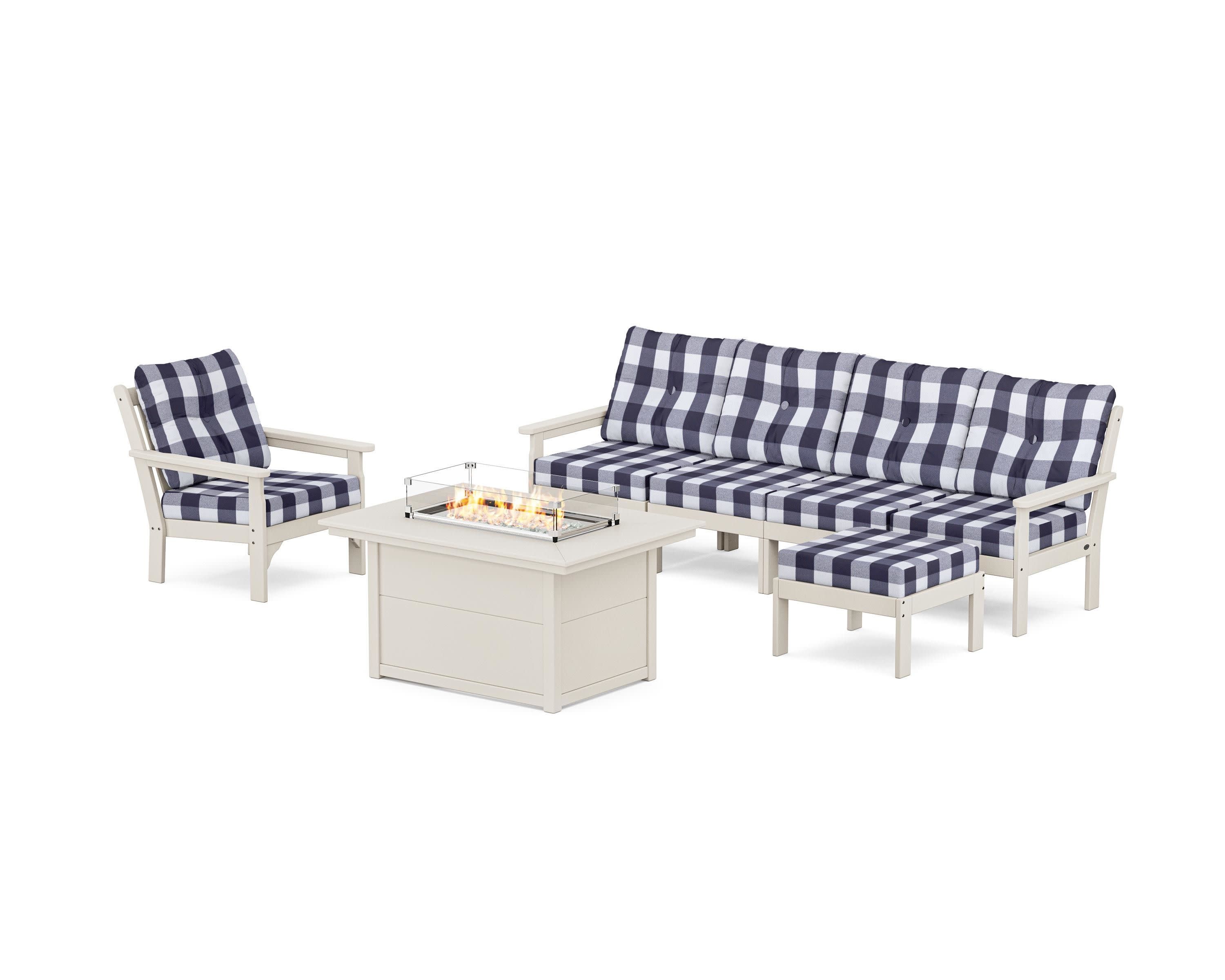 Vineyard Sectional Lounge and Fire Pit Set in Sand / Buffalo Plaid Navy