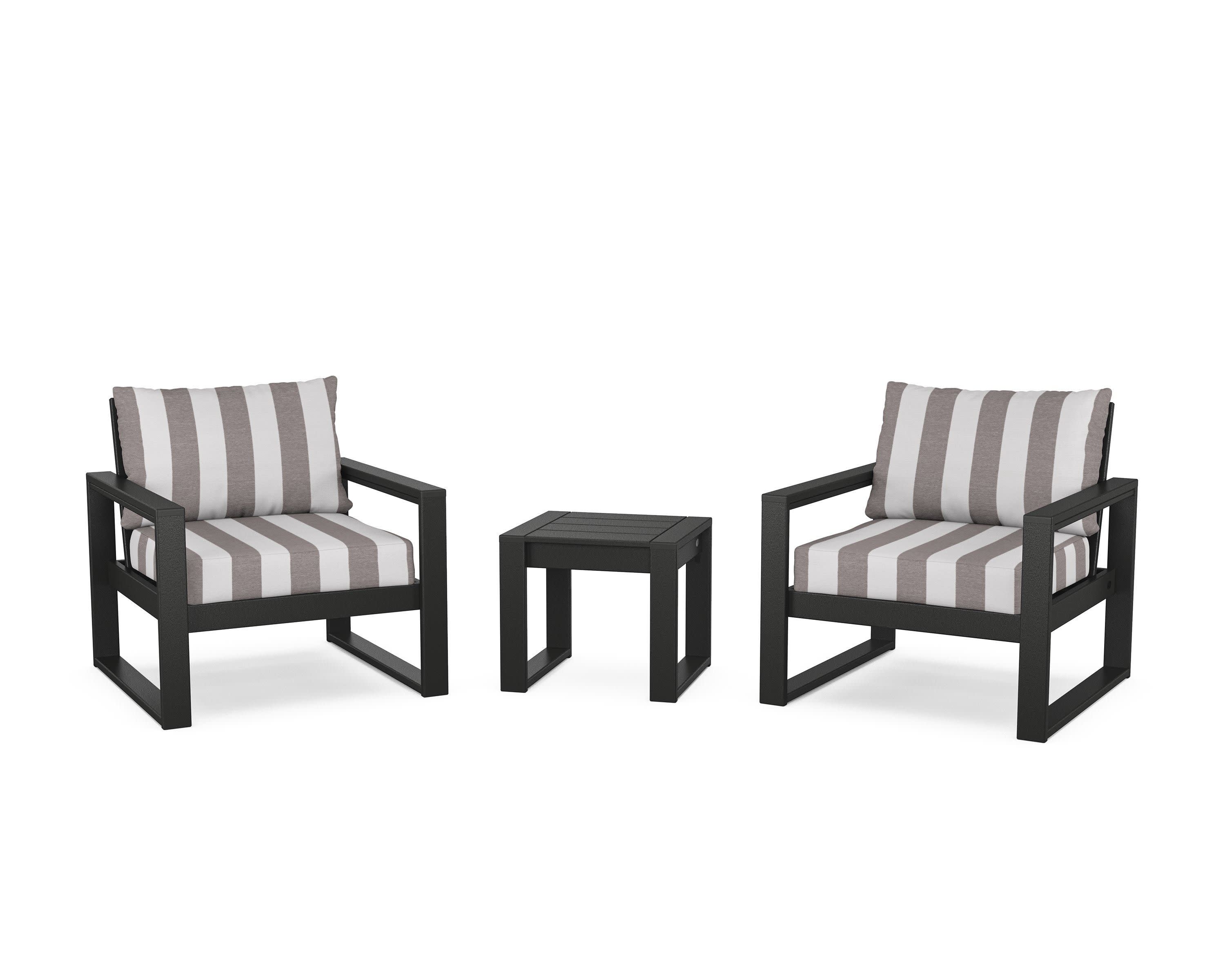 EDGE Sectional 3-Piece Deep Seating Set in Black / Cabana Stripe Grey Mist