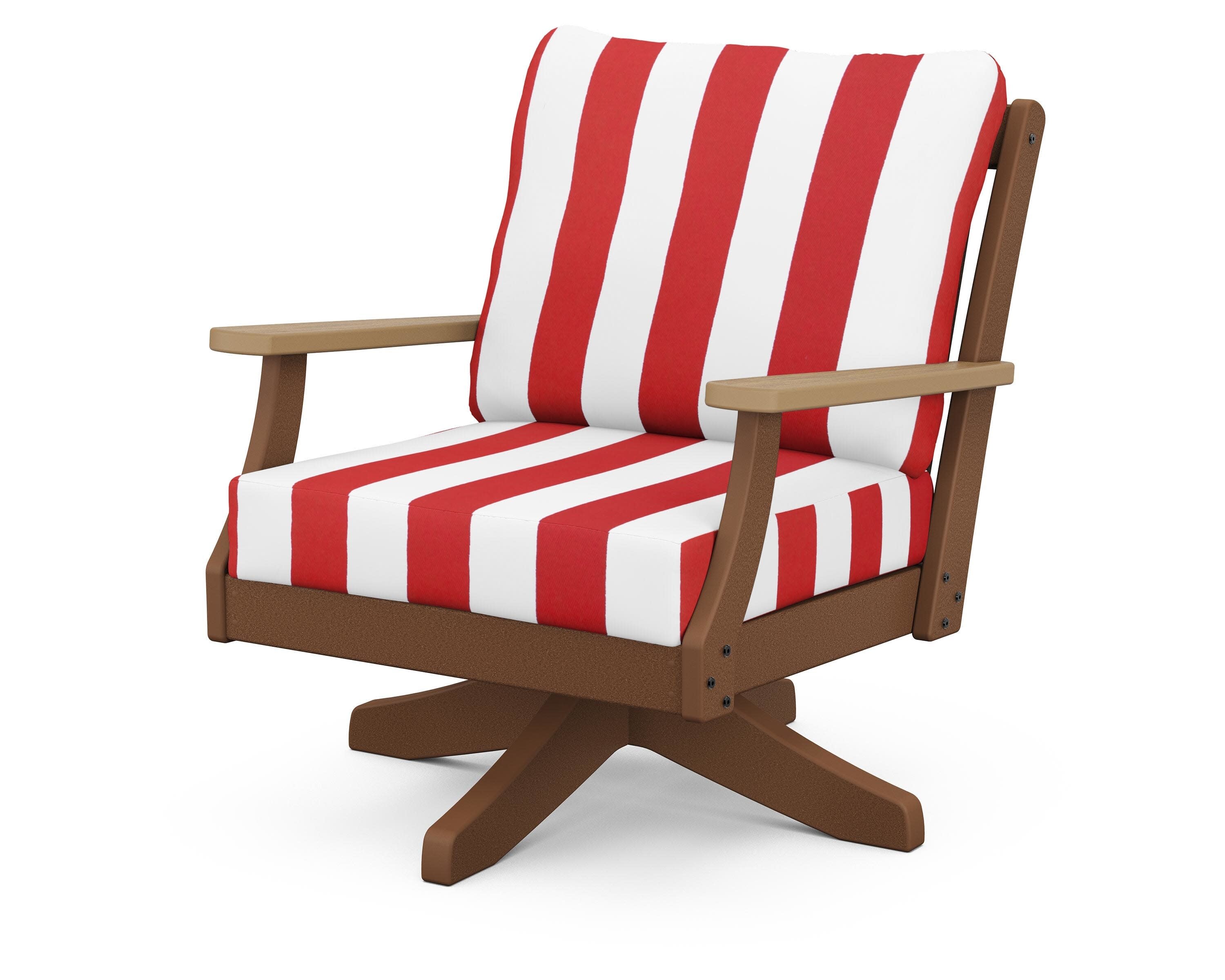 Braxton Deep Seating Swivel Chair in Teak / Natural / Cabana Stripe Crimson