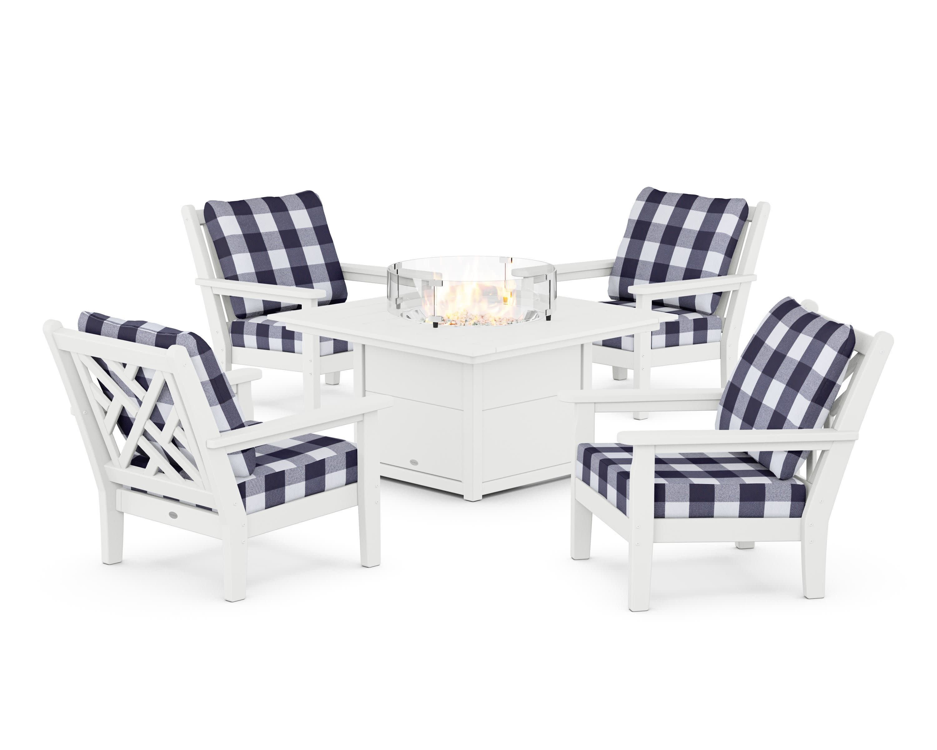 Chippendale 5-Piece Deep Seating Set with Fire Pit Table in White / Buffalo Plaid Navy