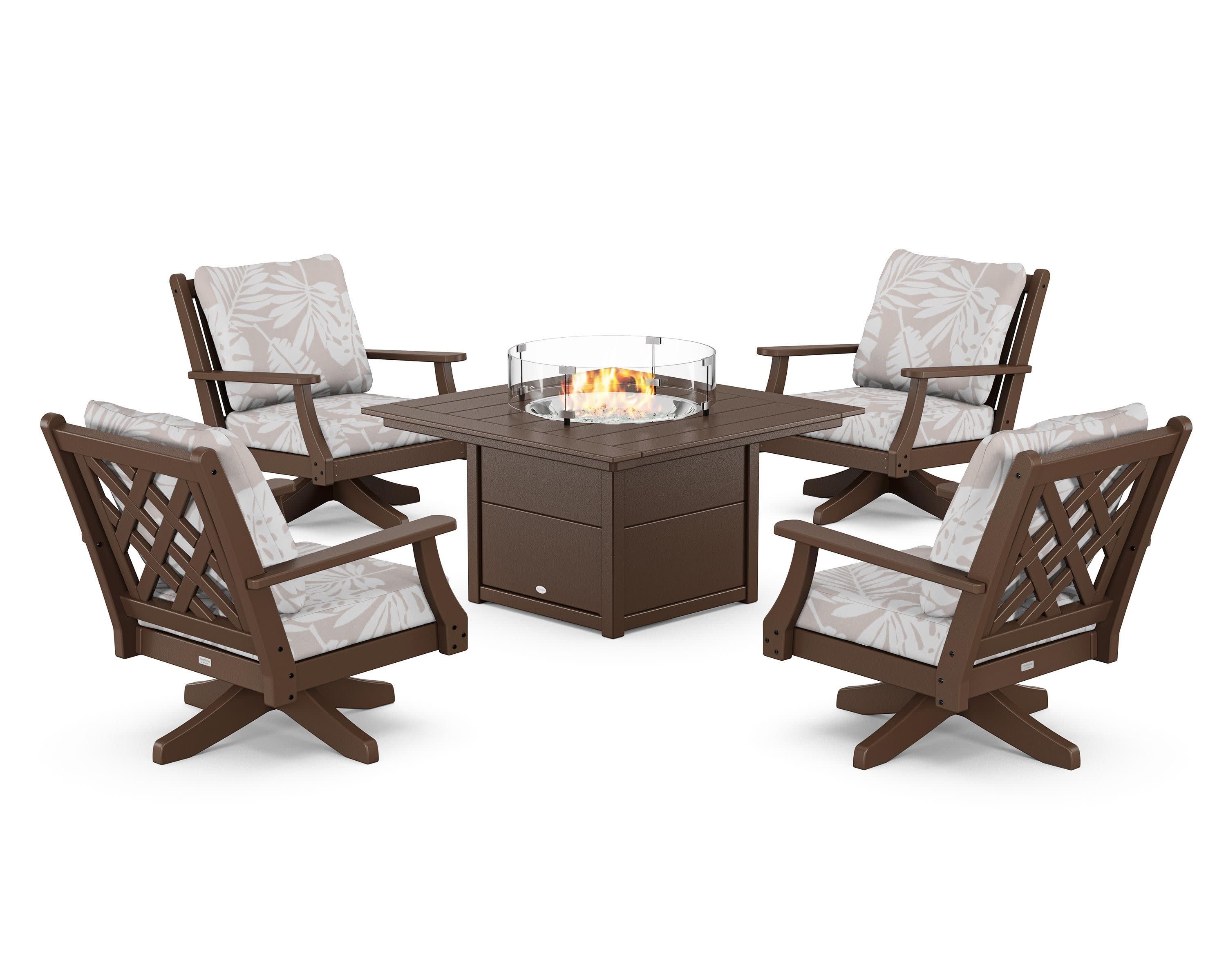 Wovendale 5-Piece Deep Seating Swivel Conversation Set with Fire Pit Table in Mahogany / Leaf Dune Burlap