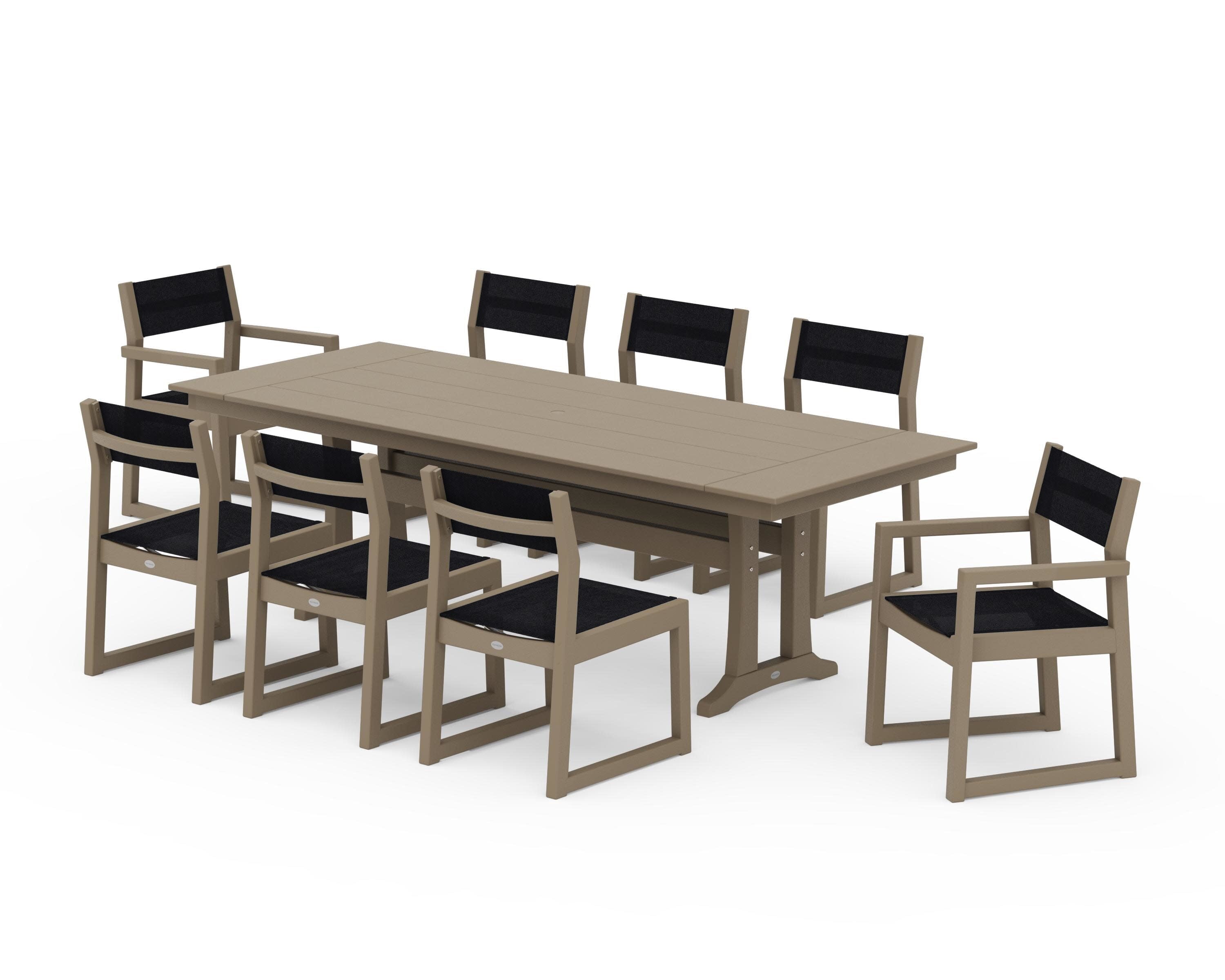 EDGE Sling 9-Piece Farmhouse Trestle Dining Set in Vintage Sahara / Black Sling