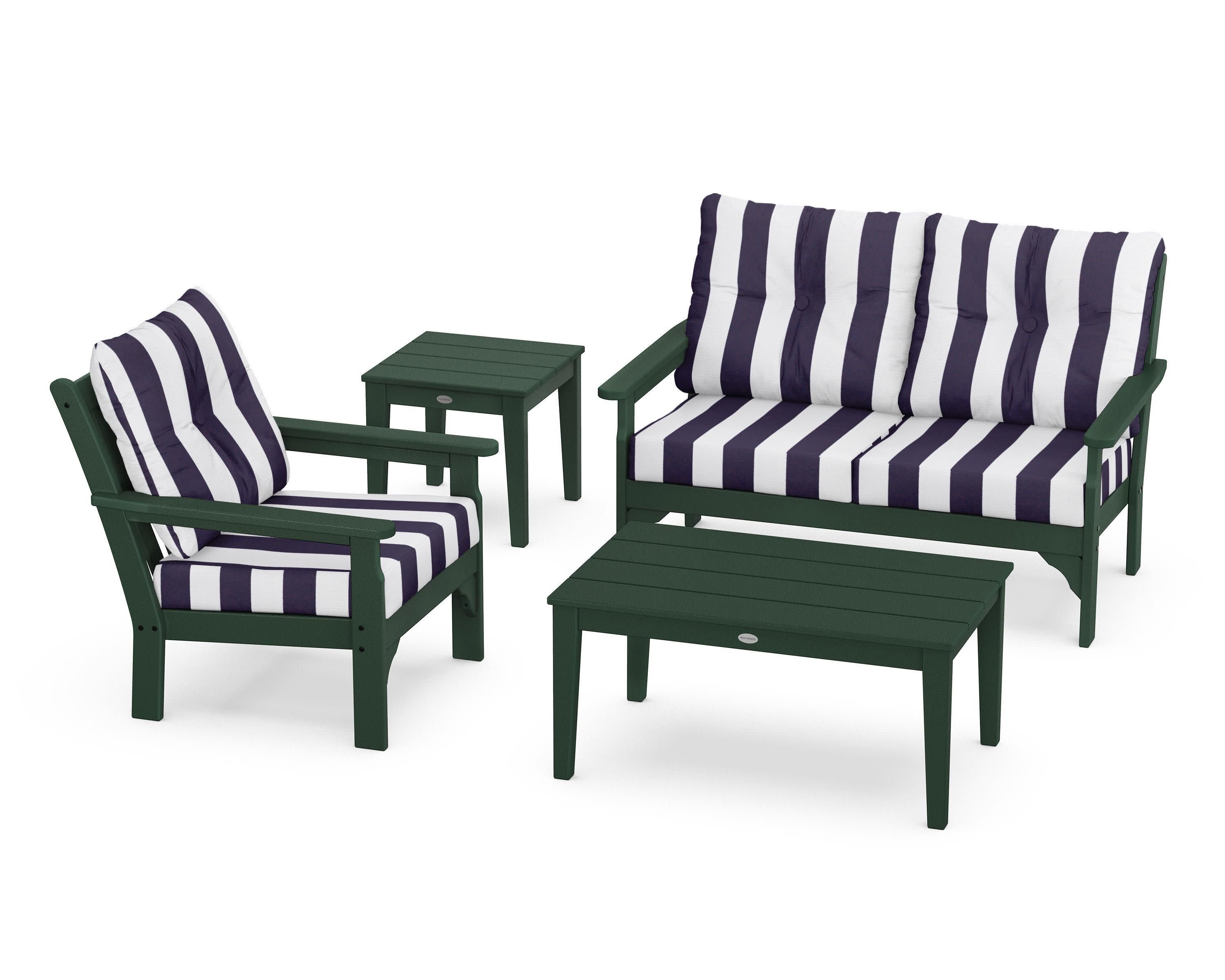 Vineyard 4-Piece Deep Seating Set in Green / Cabana Stripe Navy