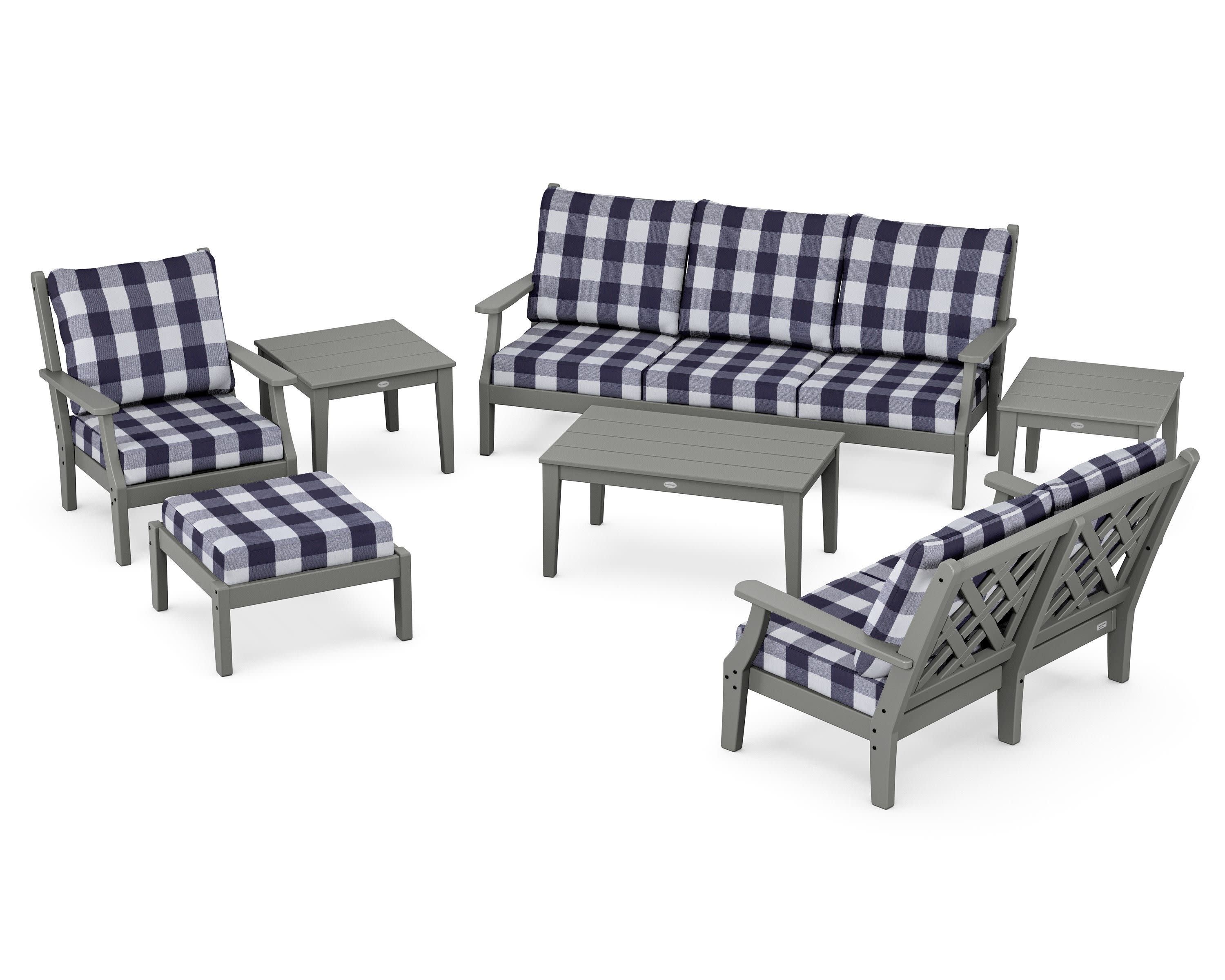 Wovendale 7-Piece Deep Seating Set in Slate Grey / Buffalo Plaid Navy