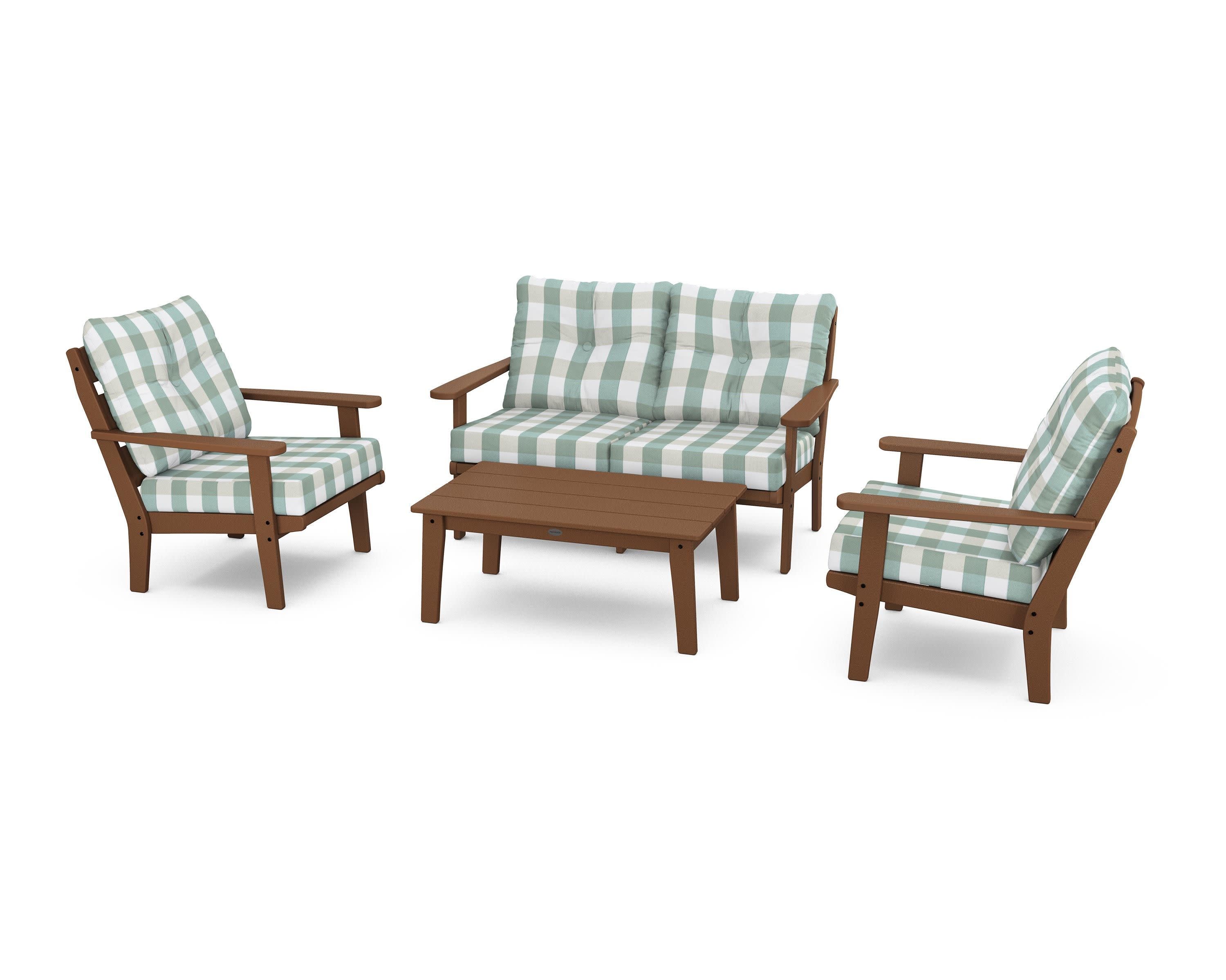 Lakeside 4-Piece Deep Seating Set in Teak / Buffalo Plaid Glacier Spa