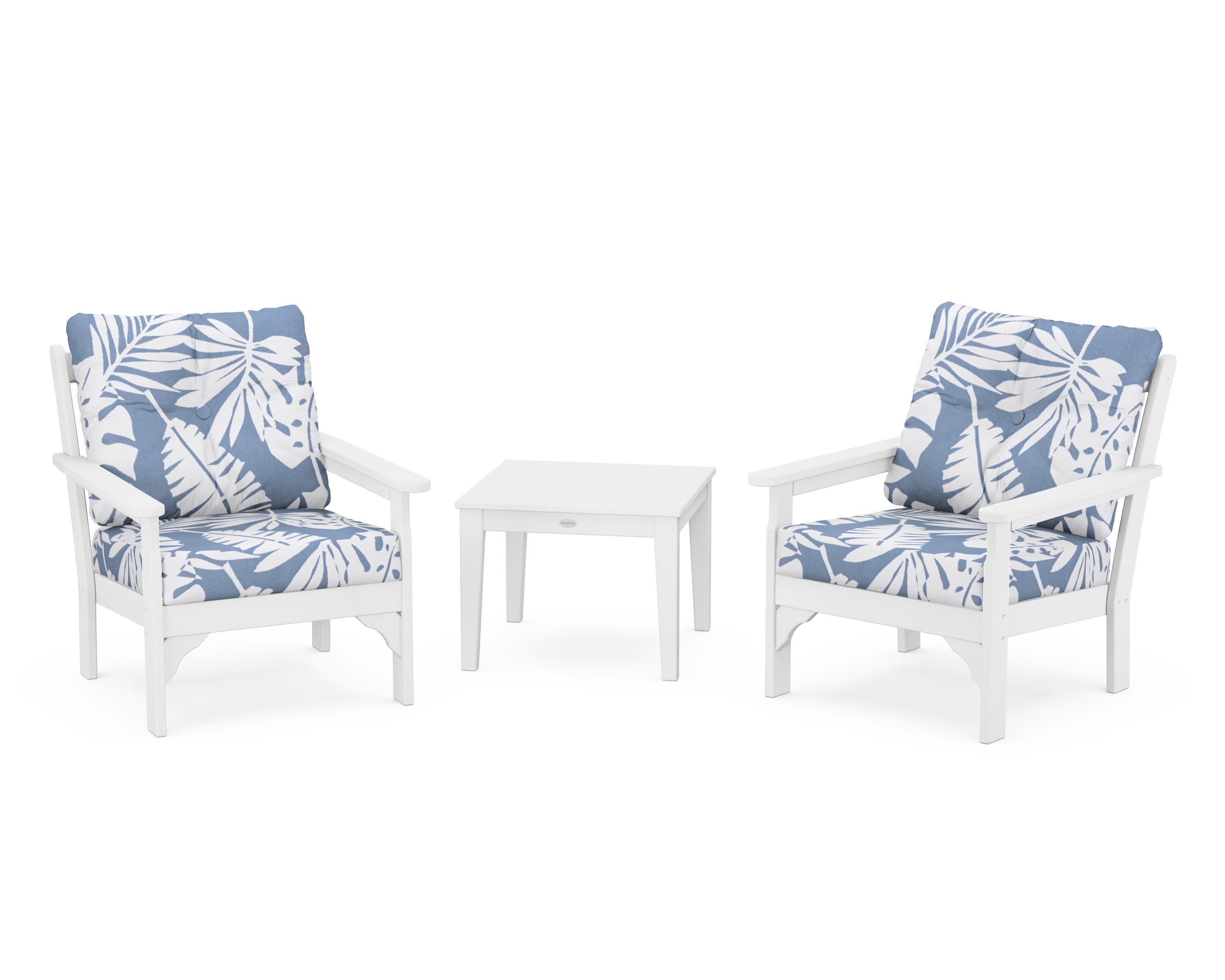 Vineyard 3-Piece Deep Seating Set in White / Leaf Sky Blue