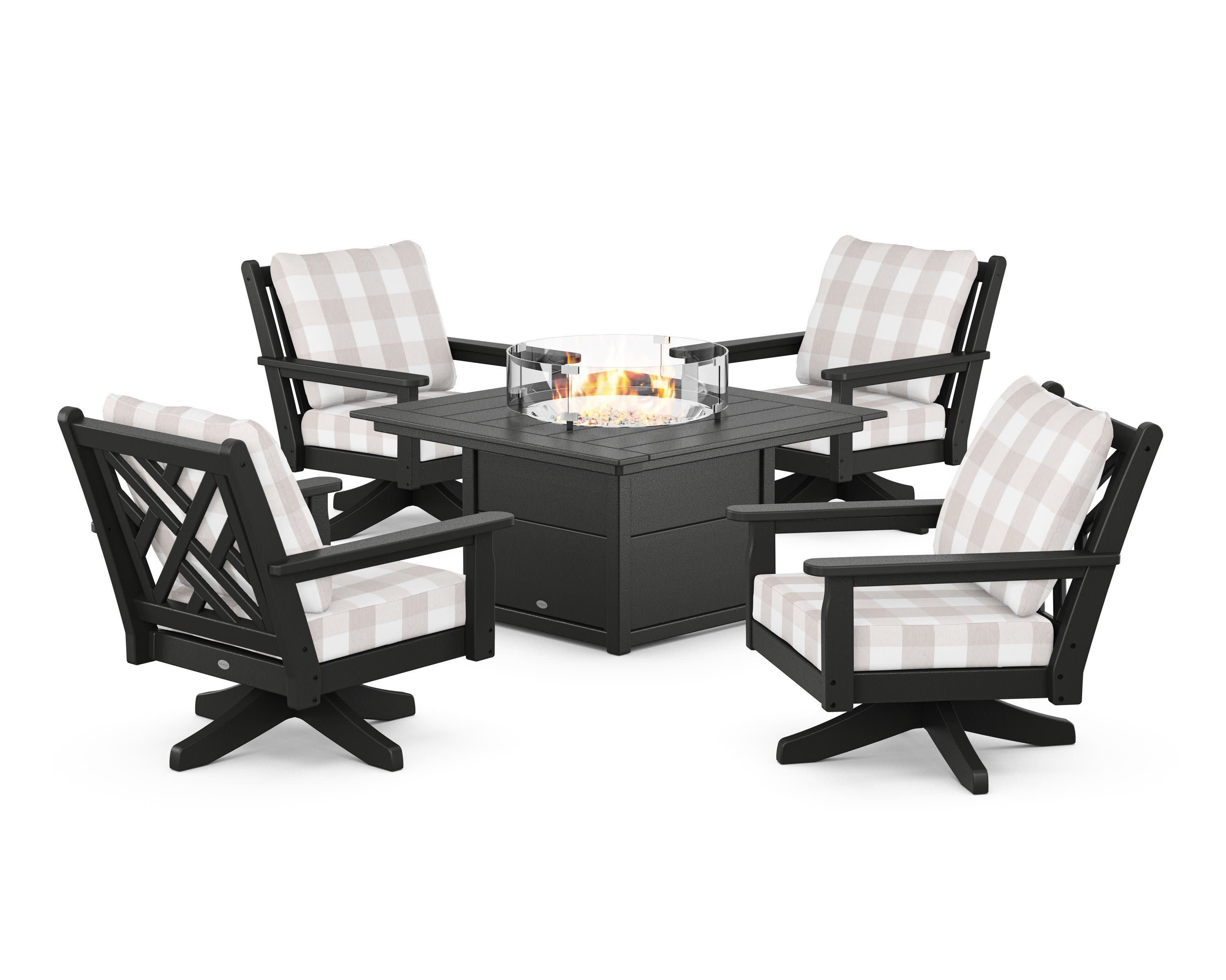 Chippendale 5-Piece Deep Seating Swivel Conversation Set with Fire Pit Table in Black / Buffalo Plaid Dune Burlap