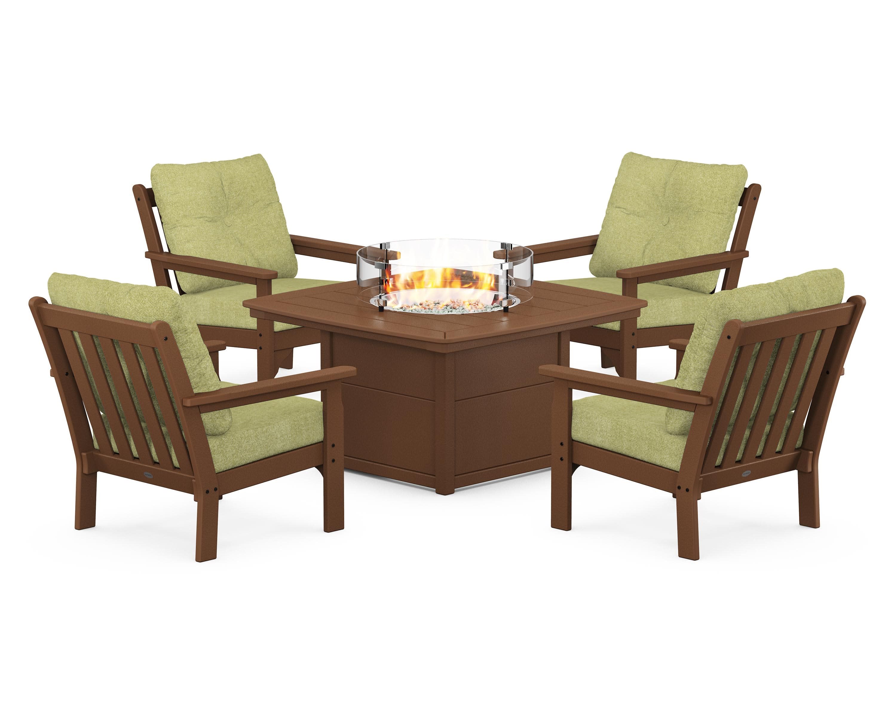 Vineyard 5-Piece Conversation Set with Fire Pit Table in Teak / Chartreuse Boucle