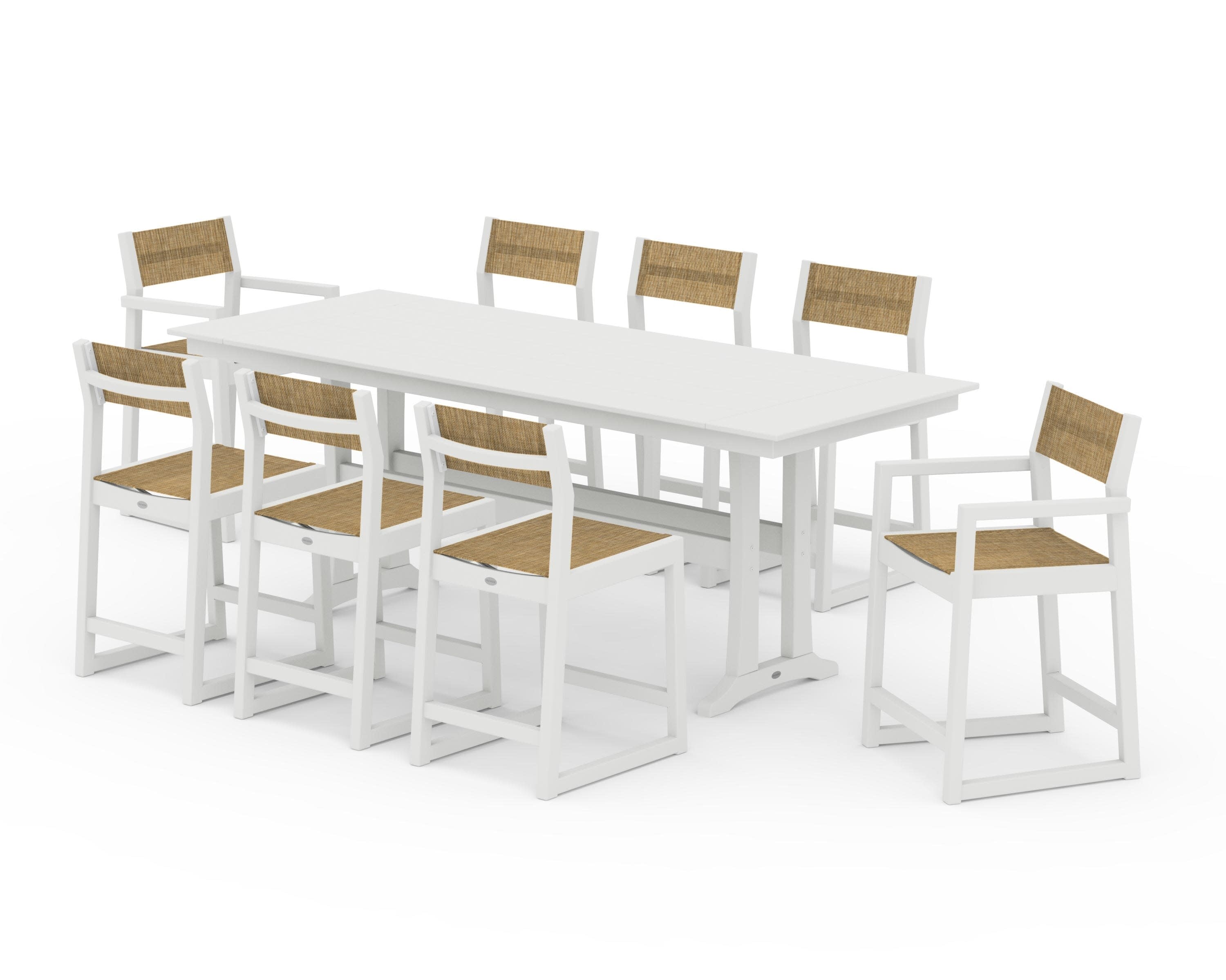 EDGE Sling 9-Piece Farmhouse Counter Set with Trestle Legs in Vintage White / Burlap Sling