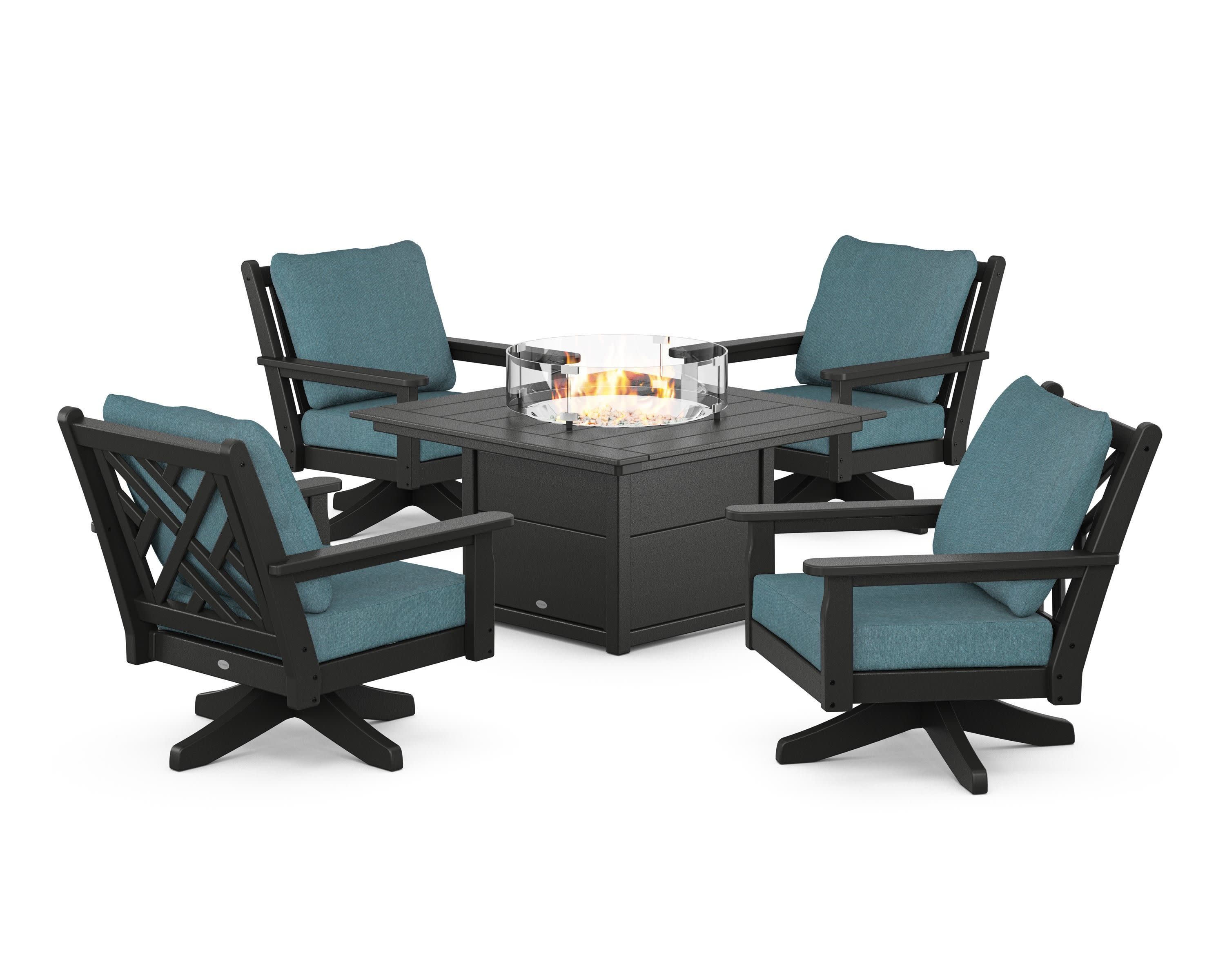 Chippendale 5-Piece Deep Seating Swivel Conversation Set with Fire Pit Table in Black / Ocean Teal