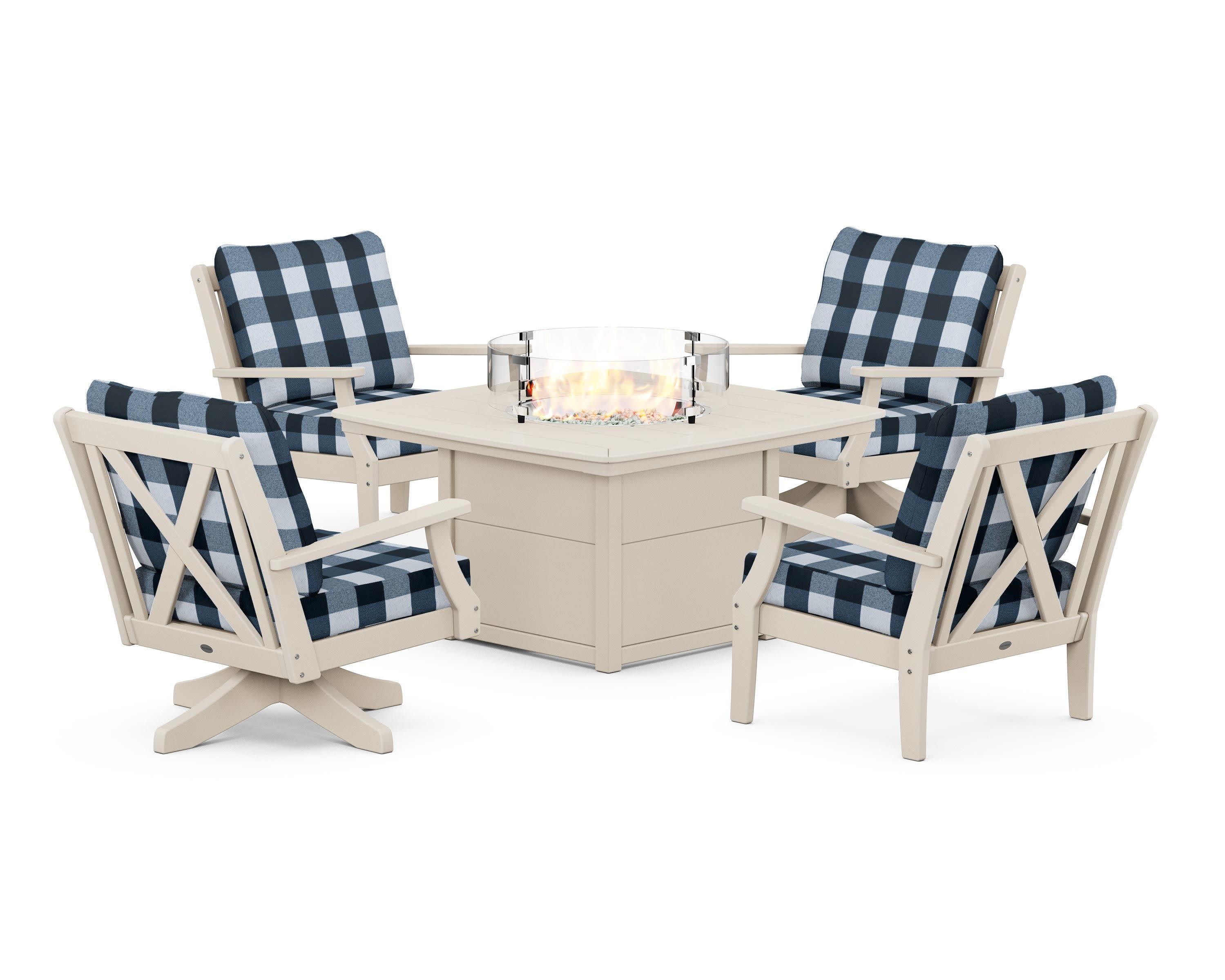 Braxton 5-Piece Deep Seating Set with Fire Table in Sand / Buffalo Plaid Marine Indigo