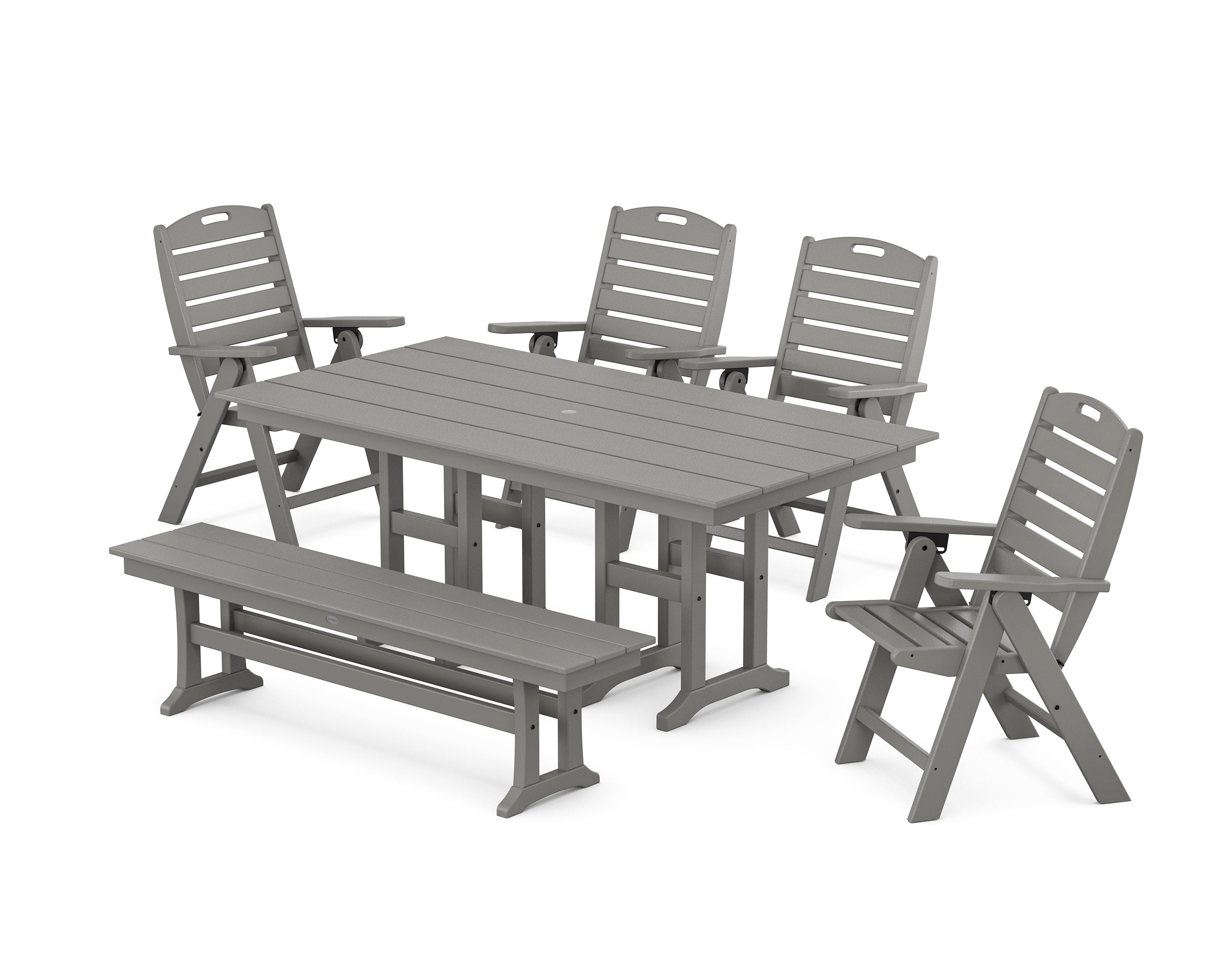 Nautical Highback 6-Piece Farmhouse Dining Set with Bench in Slate Grey