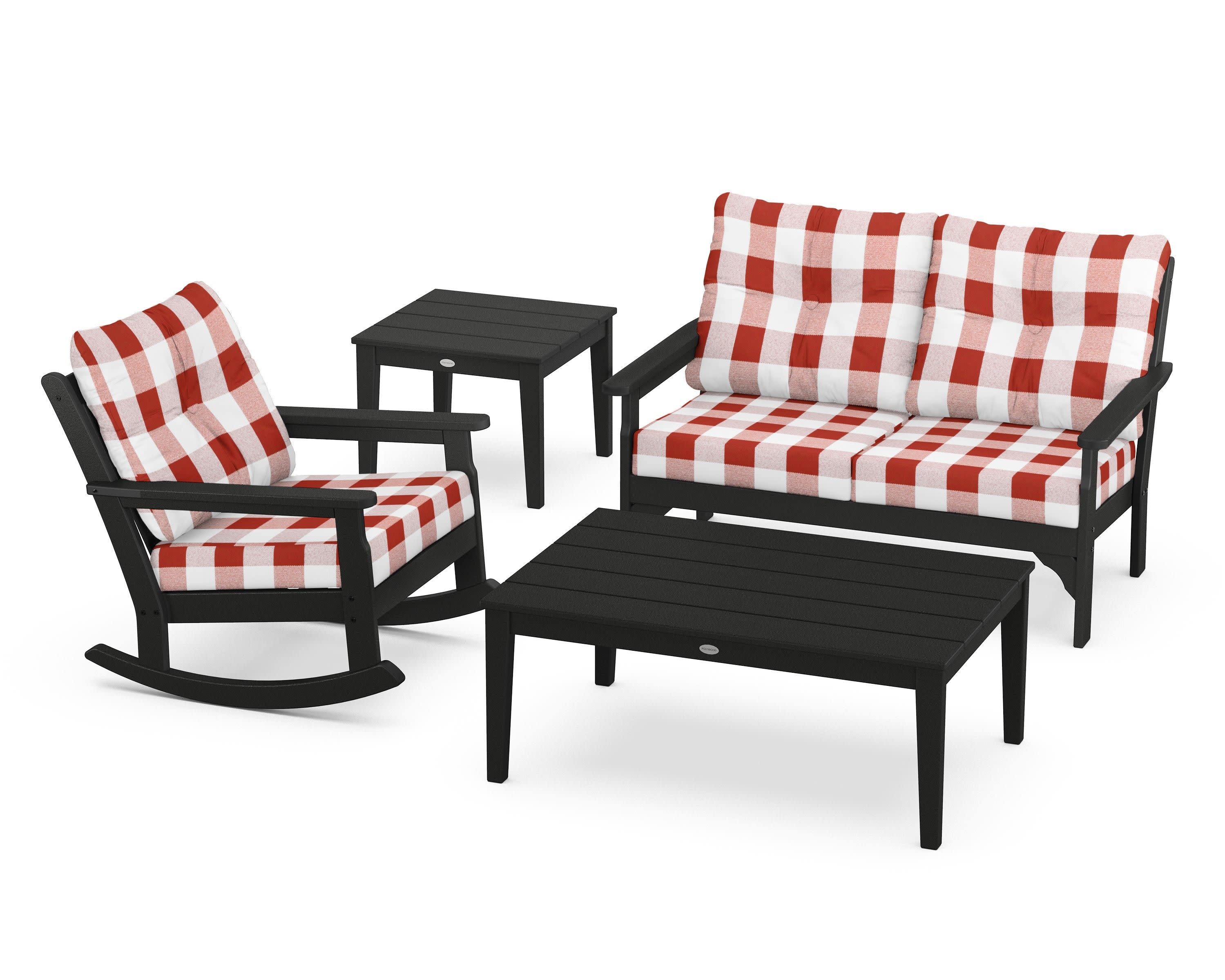 Vineyard 4-Piece Deep Seating Rocker Set in Black / Buffalo Plaid Crimson