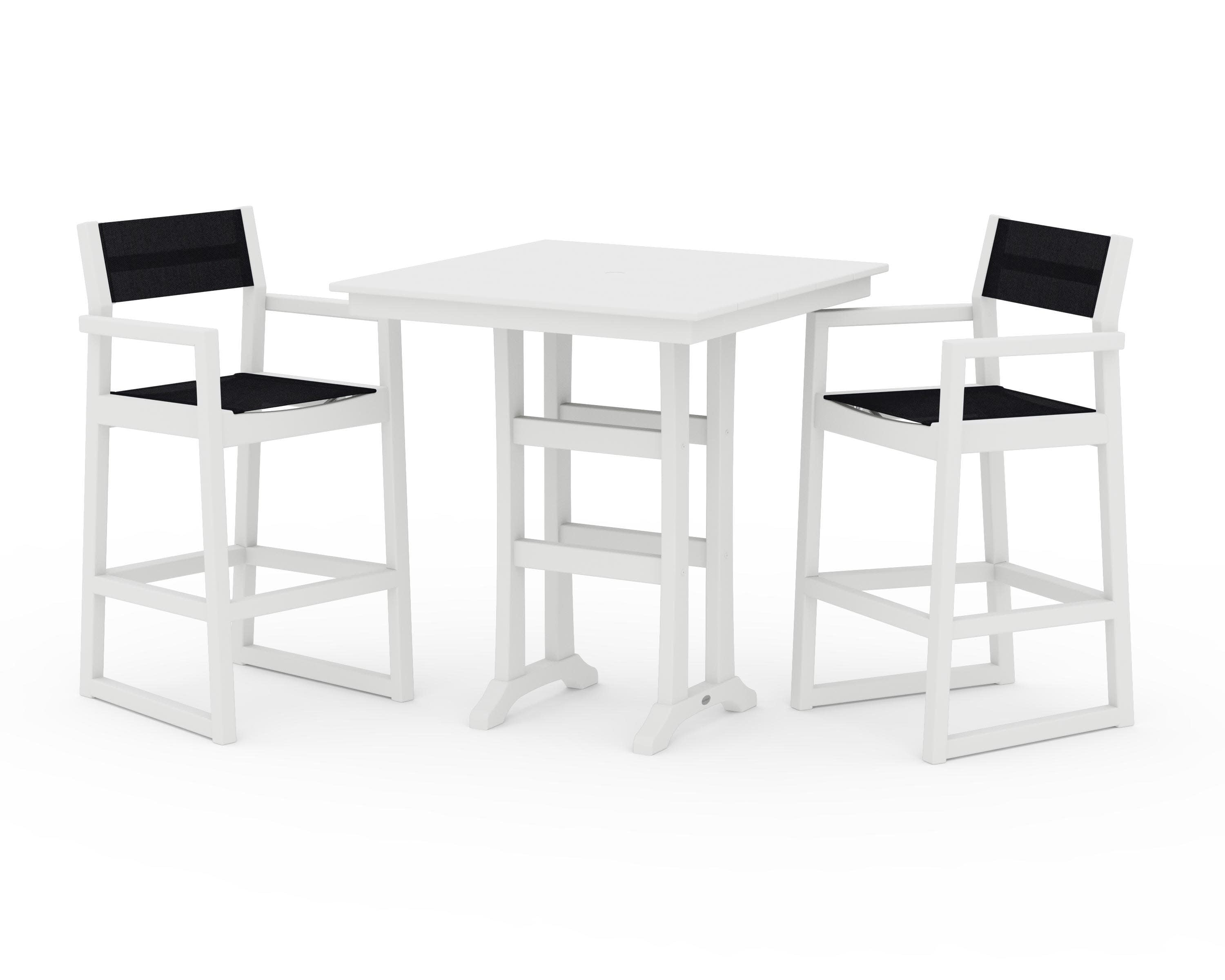 EDGE Sling Arm Chair 3-Piece Farmhouse Bar Set with Trestle Legs in White / Black Sling