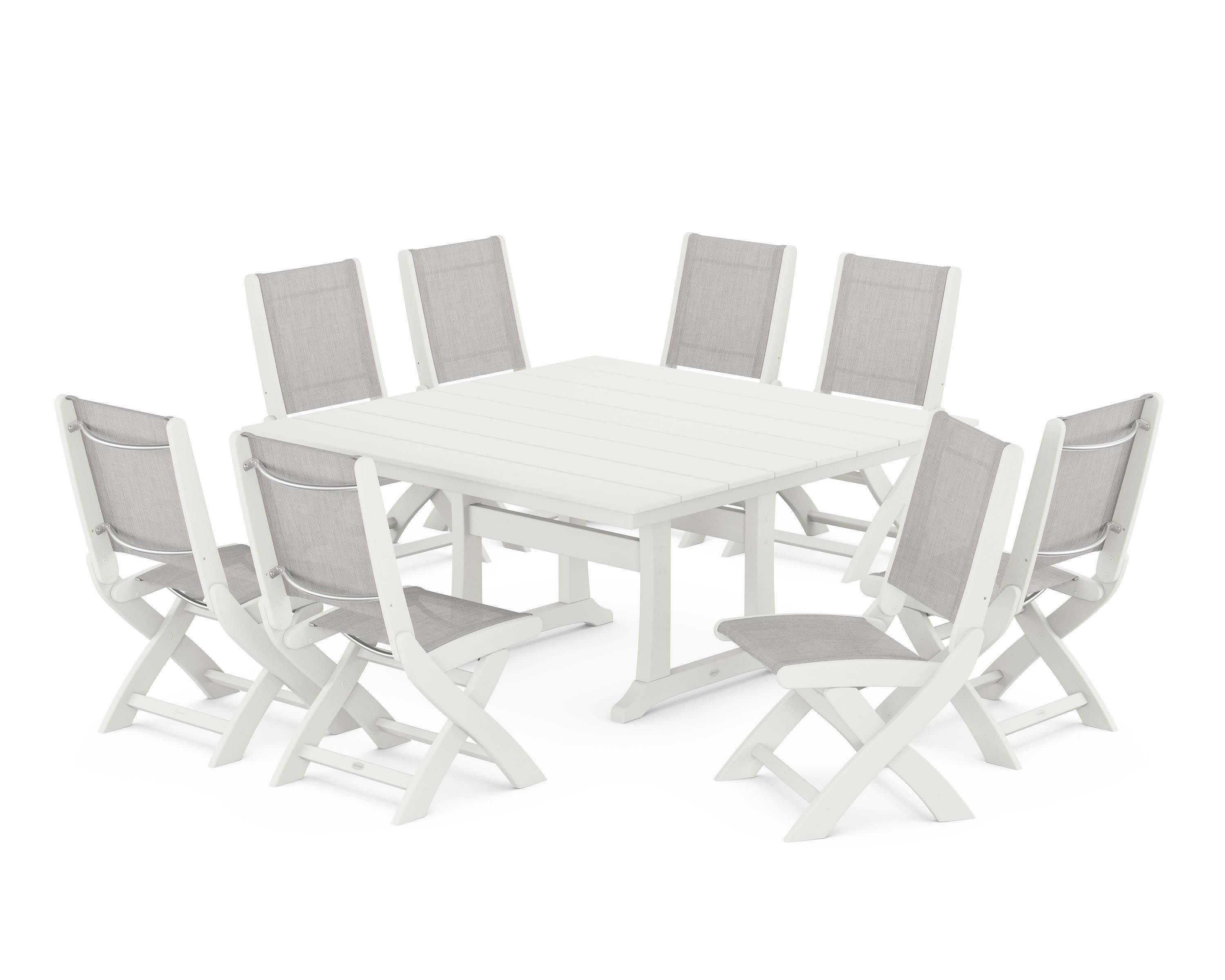 Coastal Folding Side Chair 9-Piece Farmhouse Dining Set in Vintage White / Parchment Sling