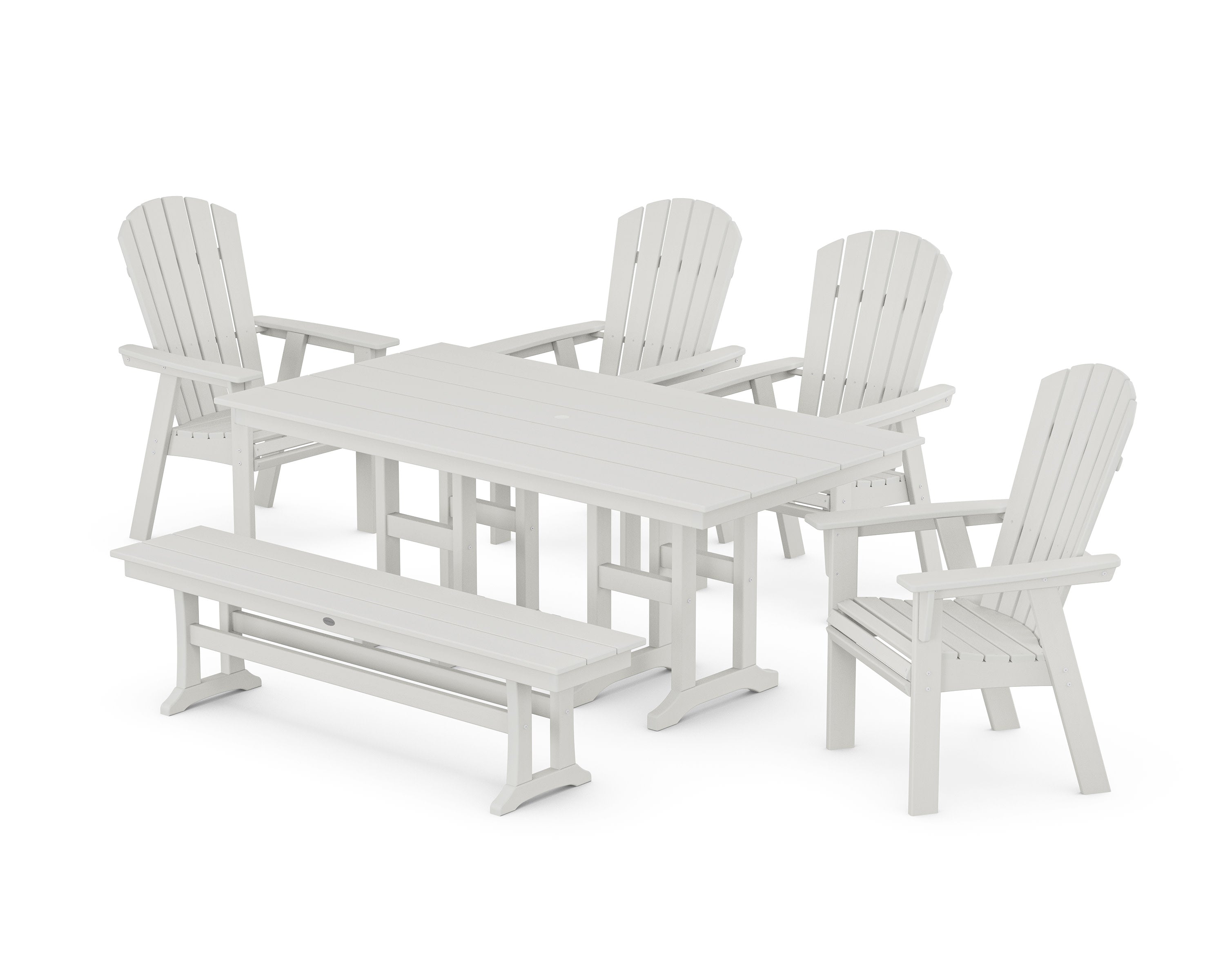 Nautical Curveback Adirondack 6-Piece Farmhouse Dining Set with Bench in Vintage White
