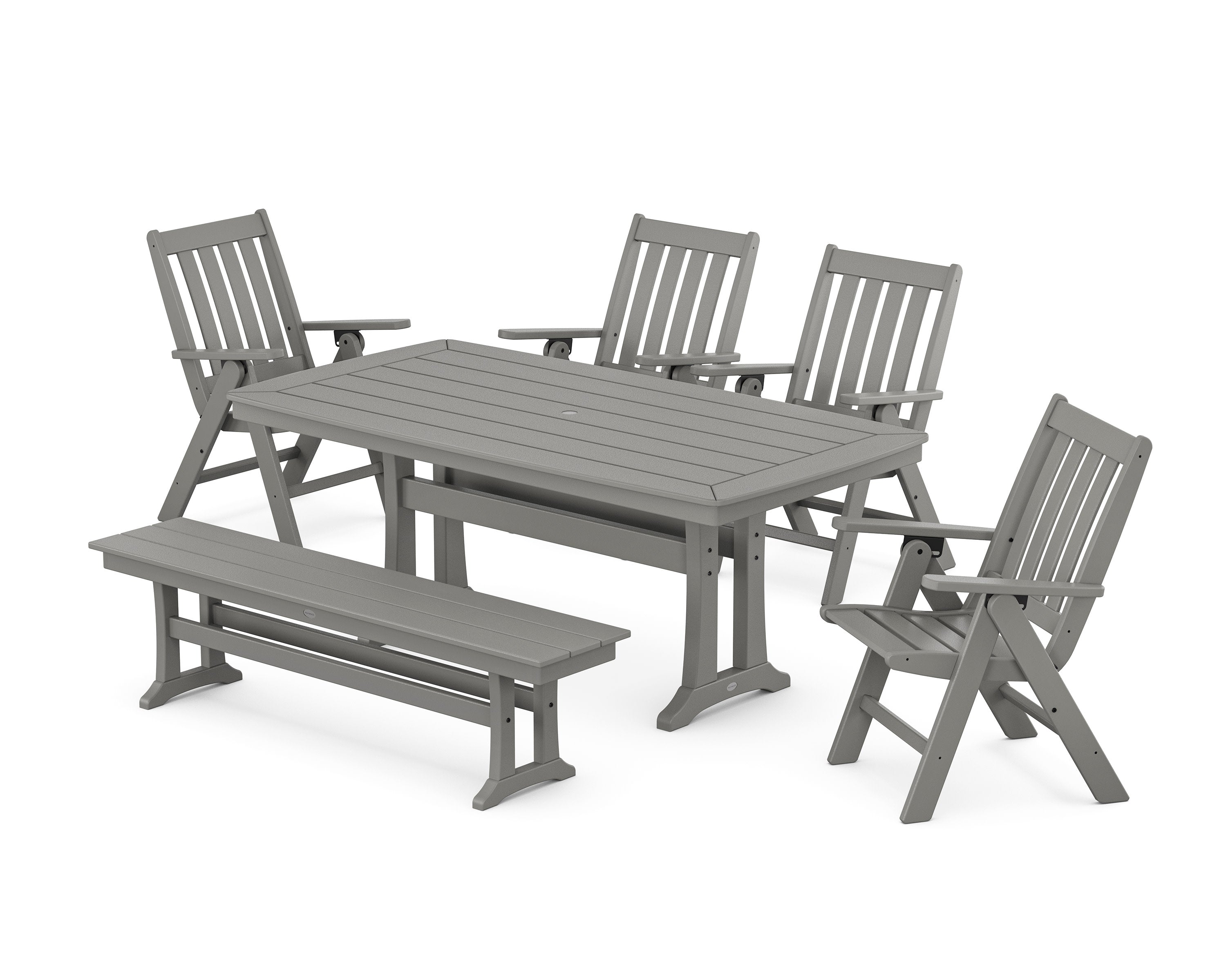 Vineyard Folding Chair 6-Piece Dining Set with Trestle Legs and Bench in Slate Grey