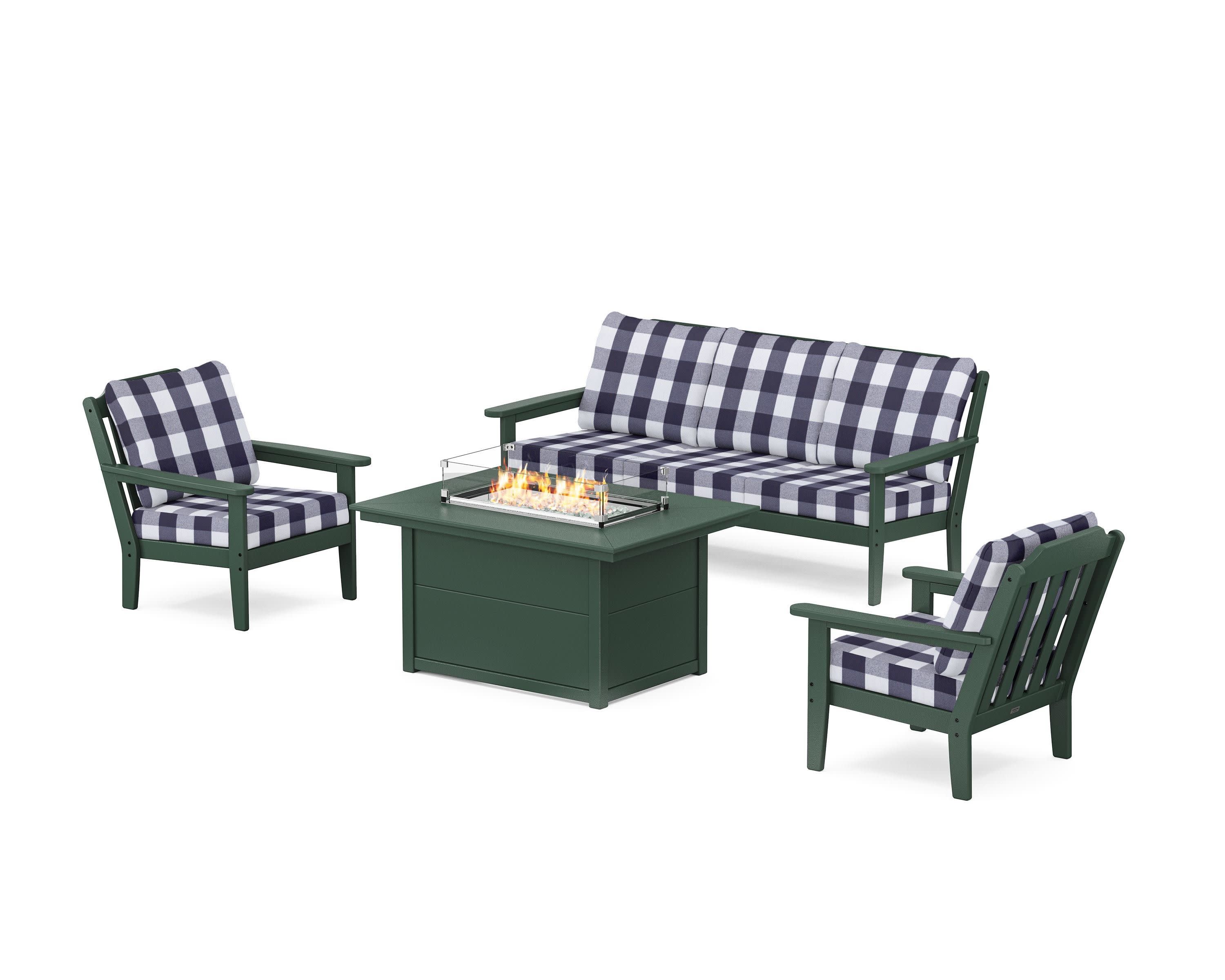 Cottage Deep Seating Fire Pit Table Set in Green / Buffalo Plaid Navy