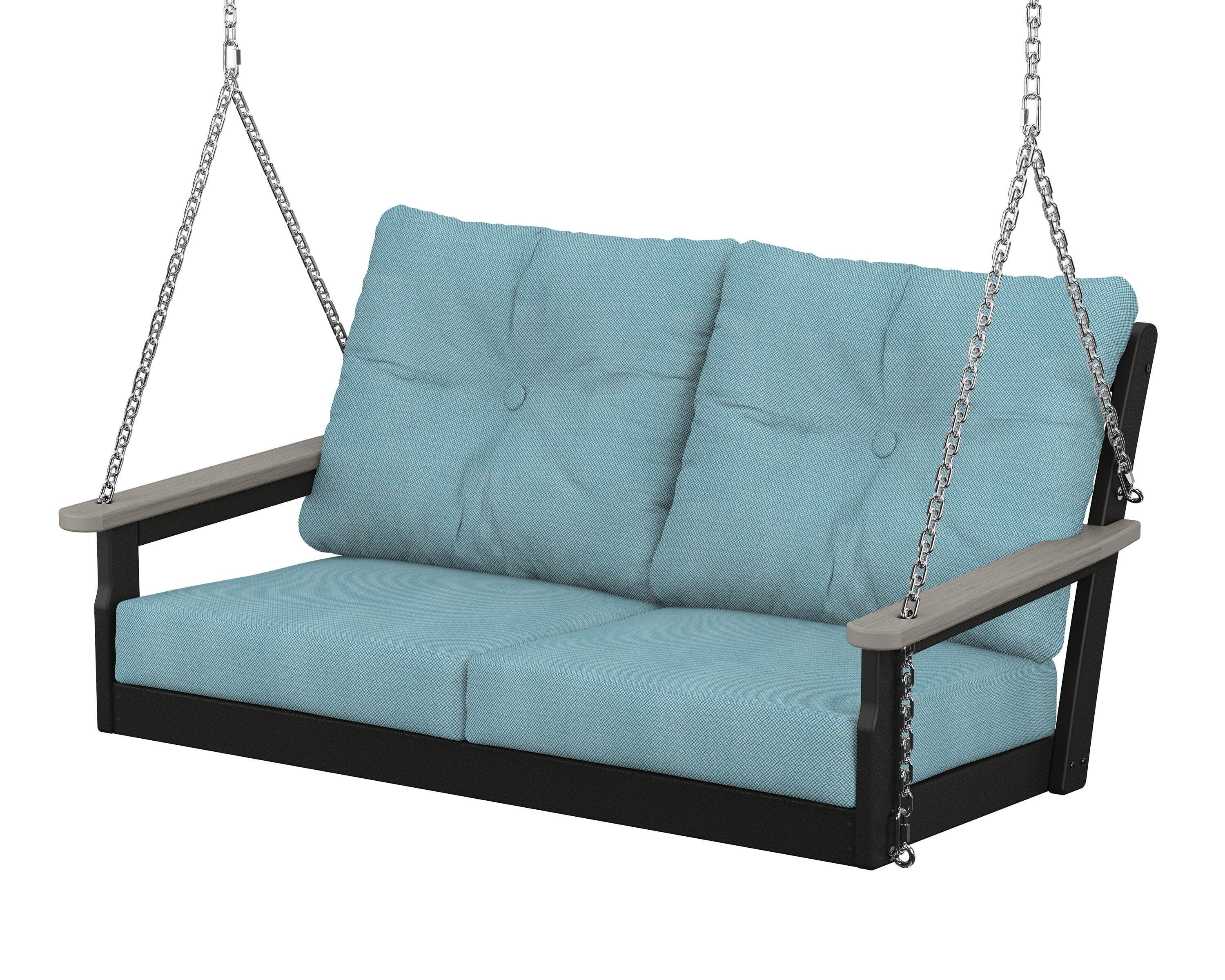 Vineyard Deep Seating Swing in Black / Driftwood / Lattice Sky Blue