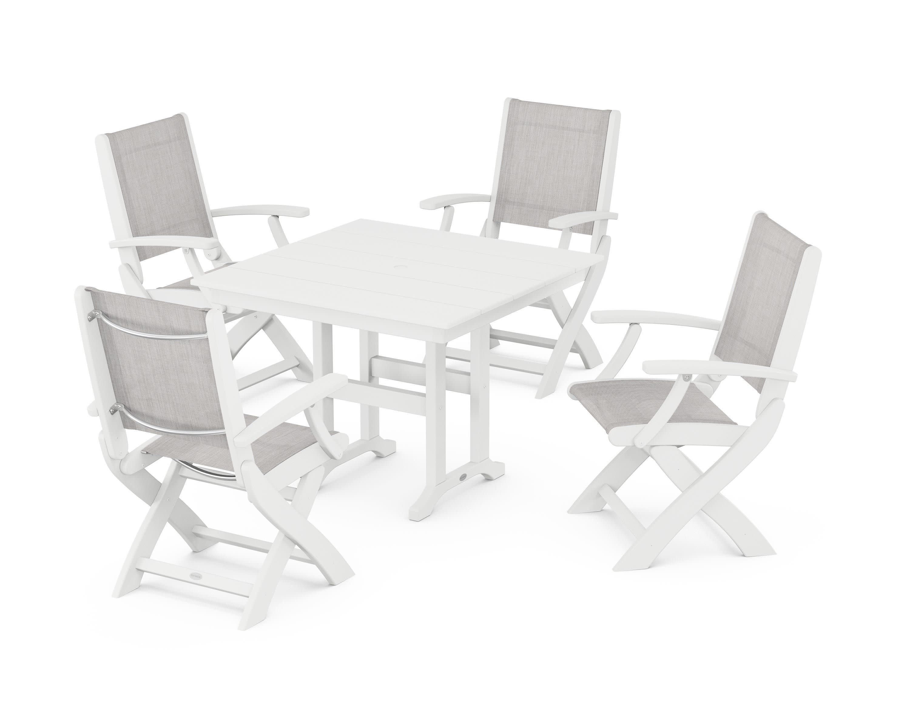 Coastal Folding Chair 5-Piece Farmhouse Dining Set in White / Parchment Sling